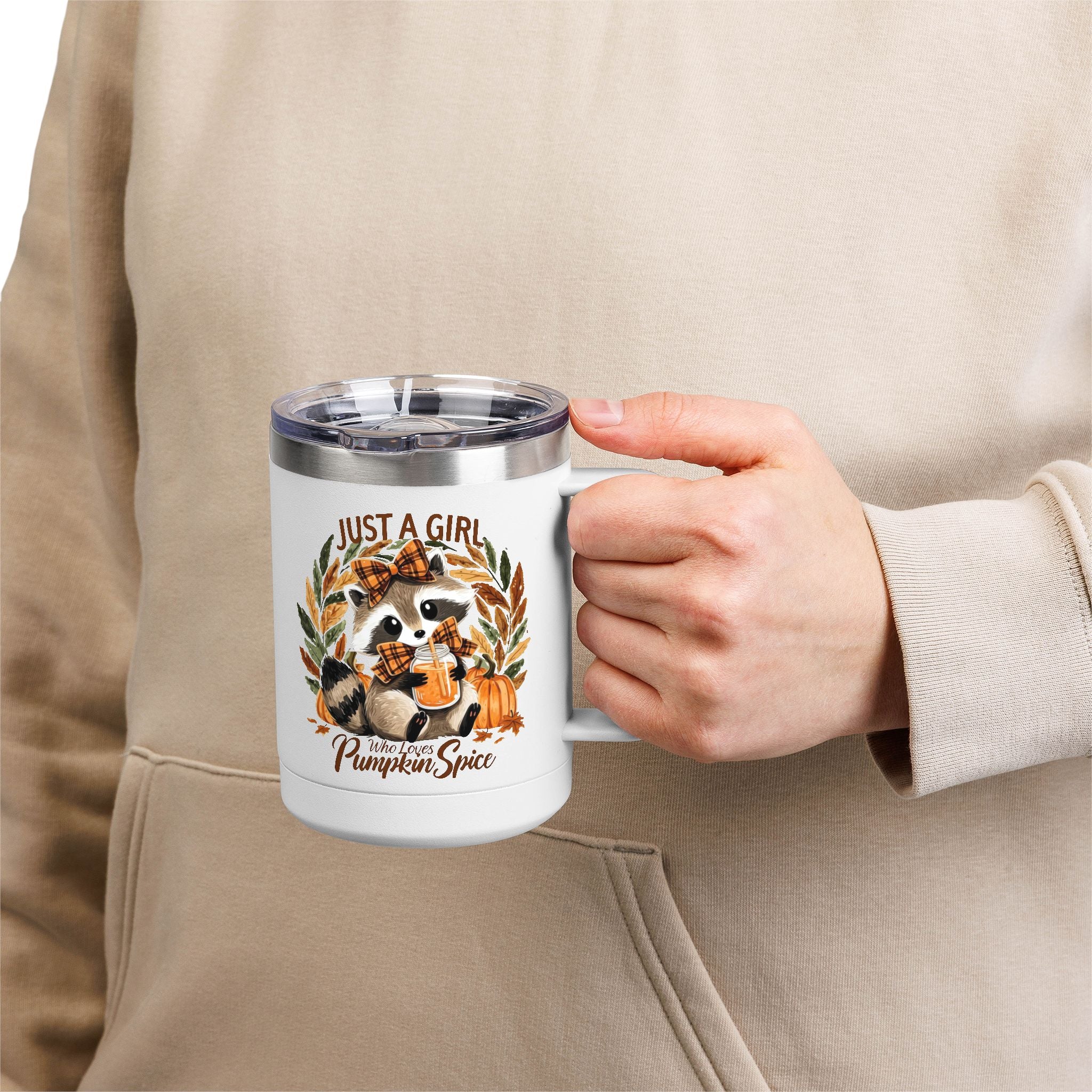 15oz Tumbler Mug — "Just a Girl Who Loves Pumpkin Spice" Autumn Raccoon Travel Cup