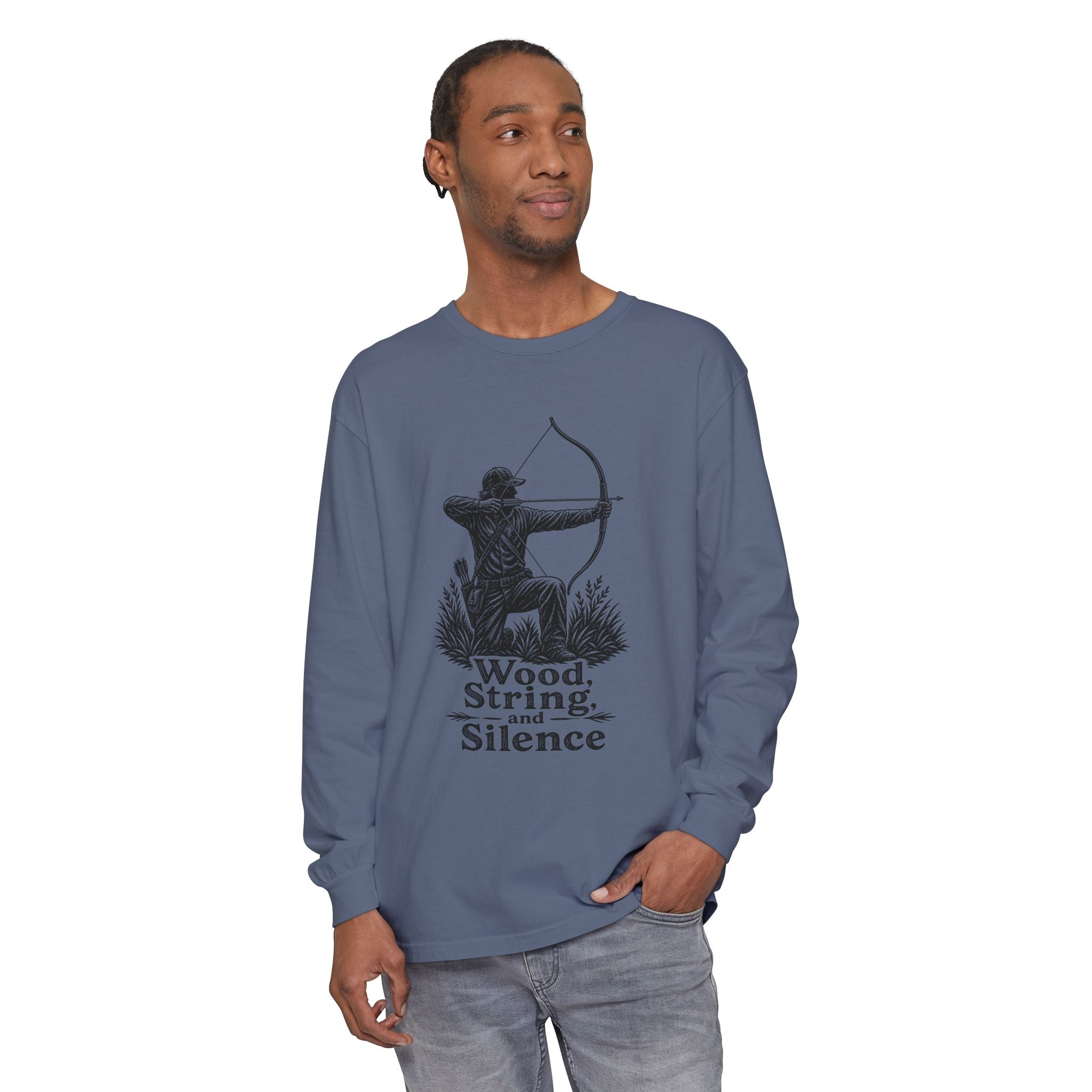 Comfort Colors Archery Long Sleeve Shirt — "Wood, String, and Silence" Vintage Archer Tee
