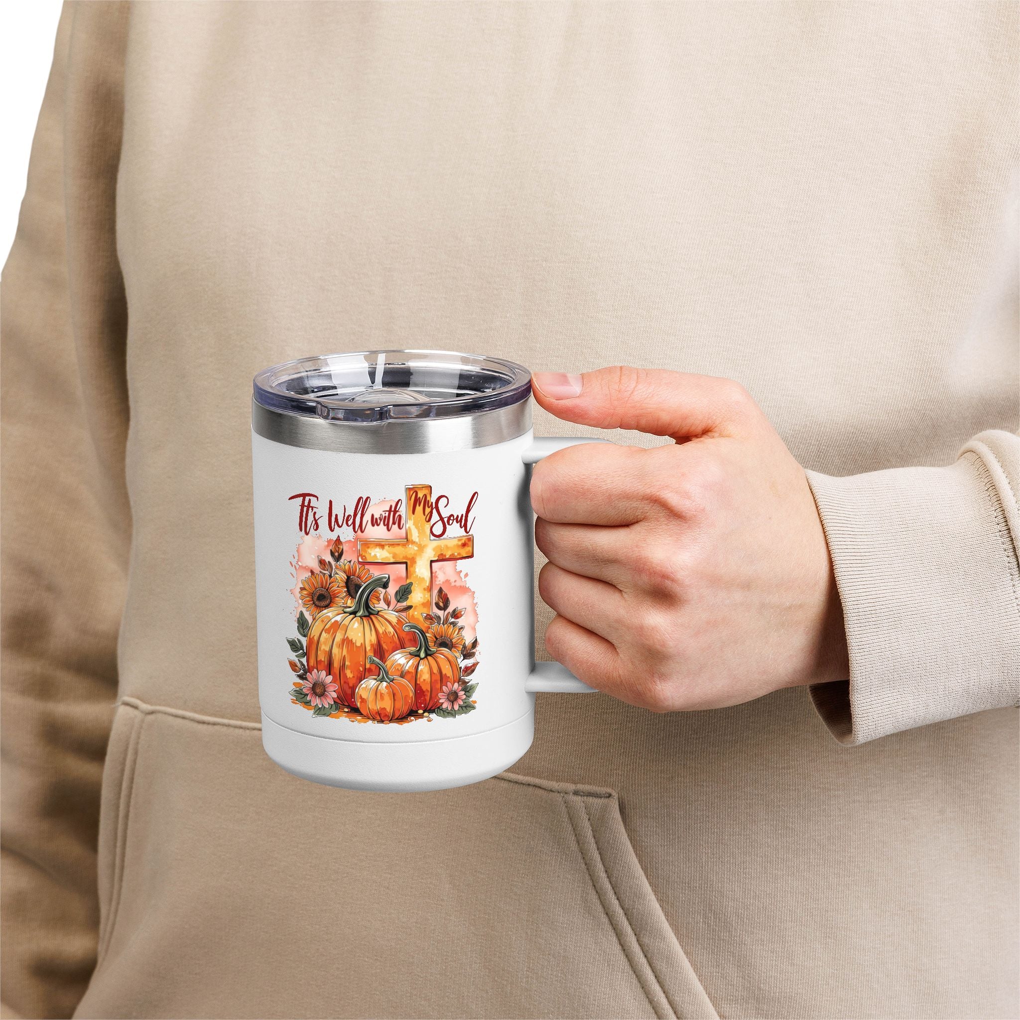 15oz Fall Pumpkin Tumbler — "It's Well With My Soul" Christian Coffee Mug