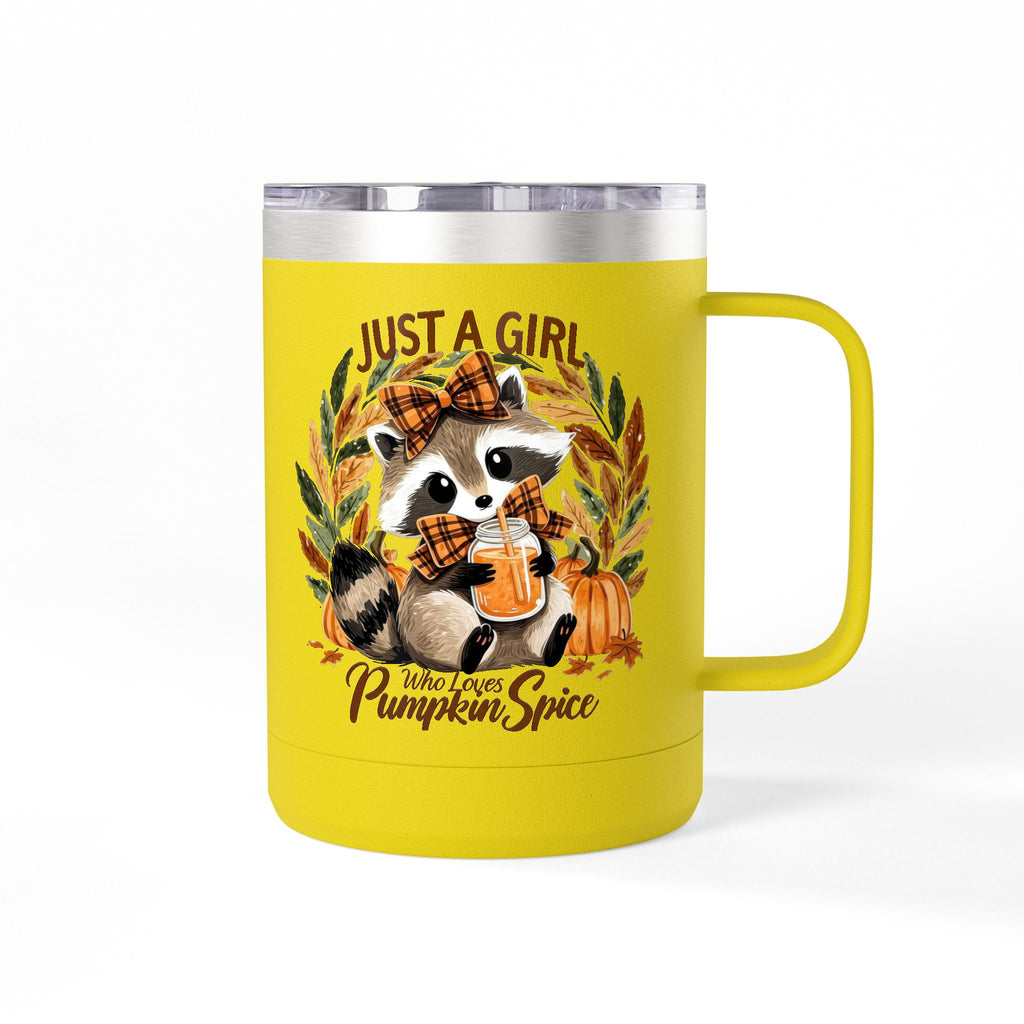 15oz Tumbler Mug — "Just a Girl Who Loves Pumpkin Spice" Autumn Raccoon Travel Cup