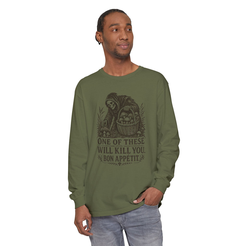 Comfort Colors Grim Reaper Harvest Long Sleeve Tee – "One of These Will Kill You. Bon Appétit."