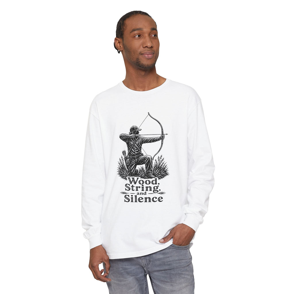 Comfort Colors Archery Long Sleeve Shirt — "Wood, String, and Silence" Vintage Archer Tee
