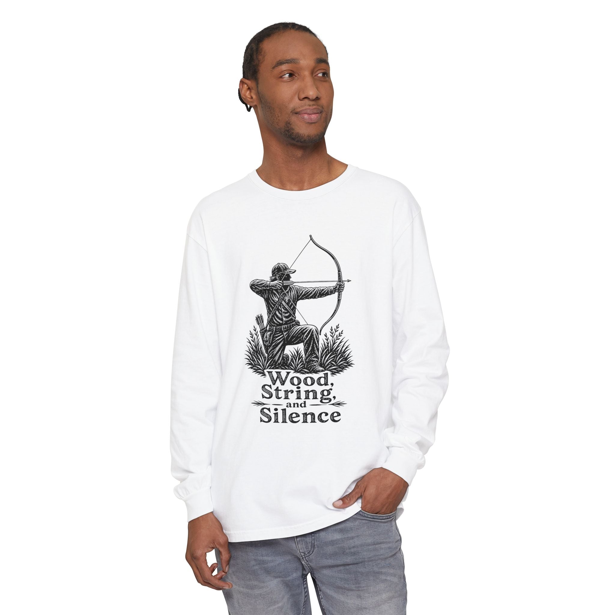 Comfort Colors Archery Long Sleeve Shirt — "Wood, String, and Silence" Vintage Archer Tee