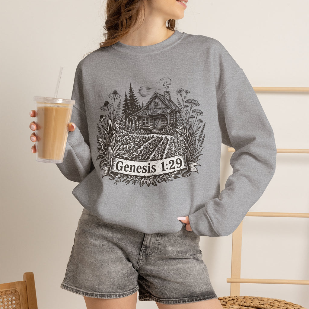 Genesis 1:29 Cottage Crewneck Sweatshirt — Vintage Bible Verse Nature Design