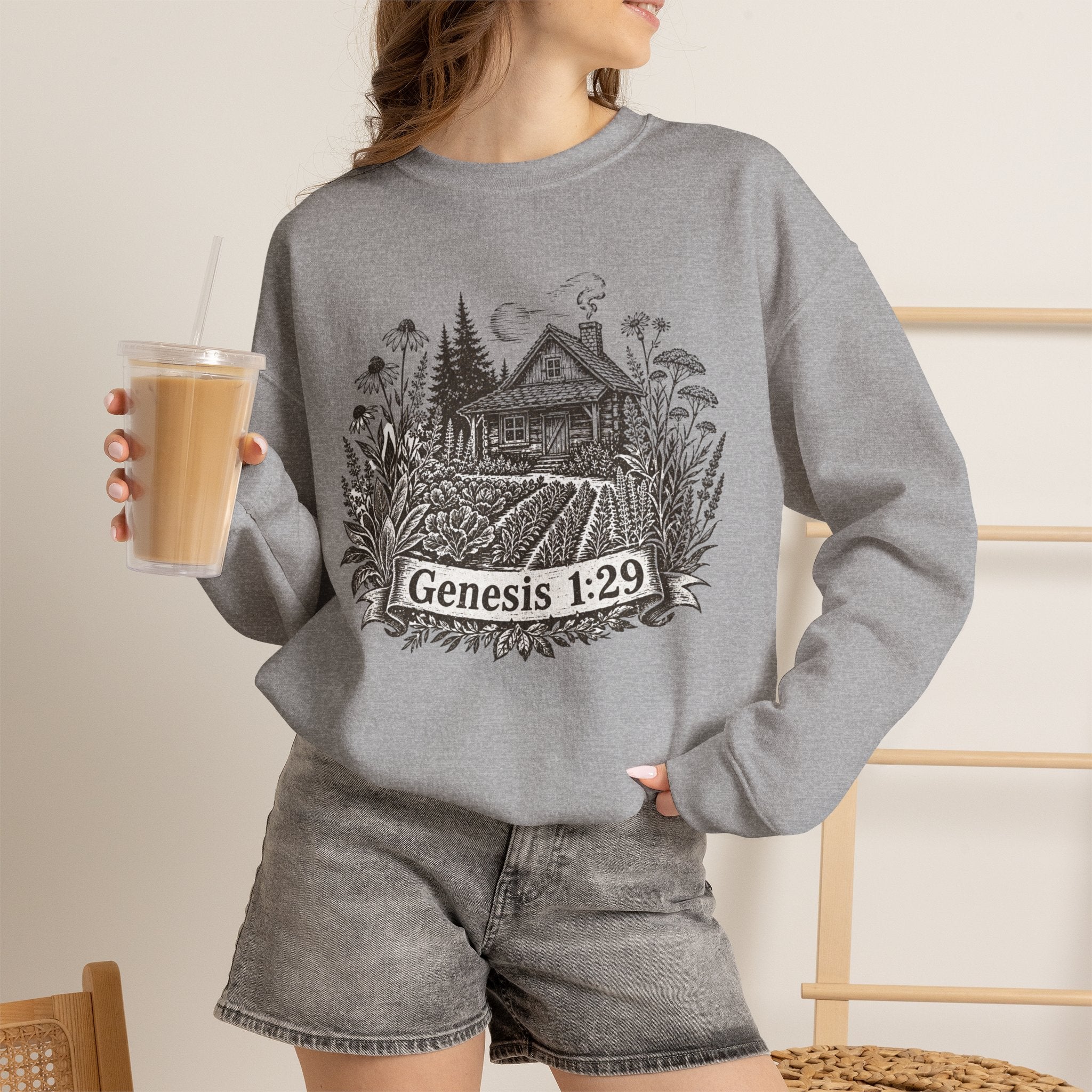 Genesis 1:29 Cottage Crewneck Sweatshirt — Vintage Bible Verse Nature Design