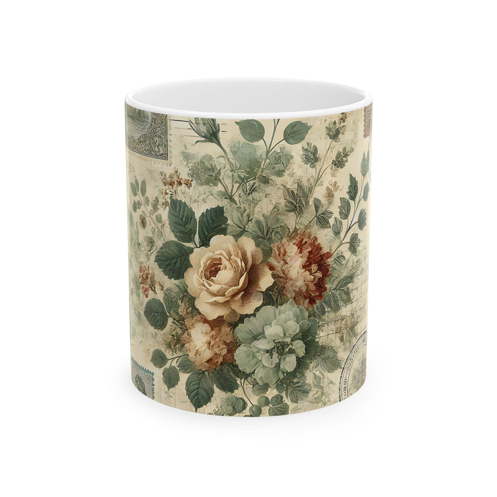Vintage Floral Ceramic Mug — Antique Rose Tea Coffee Cup (11oz & 15oz)