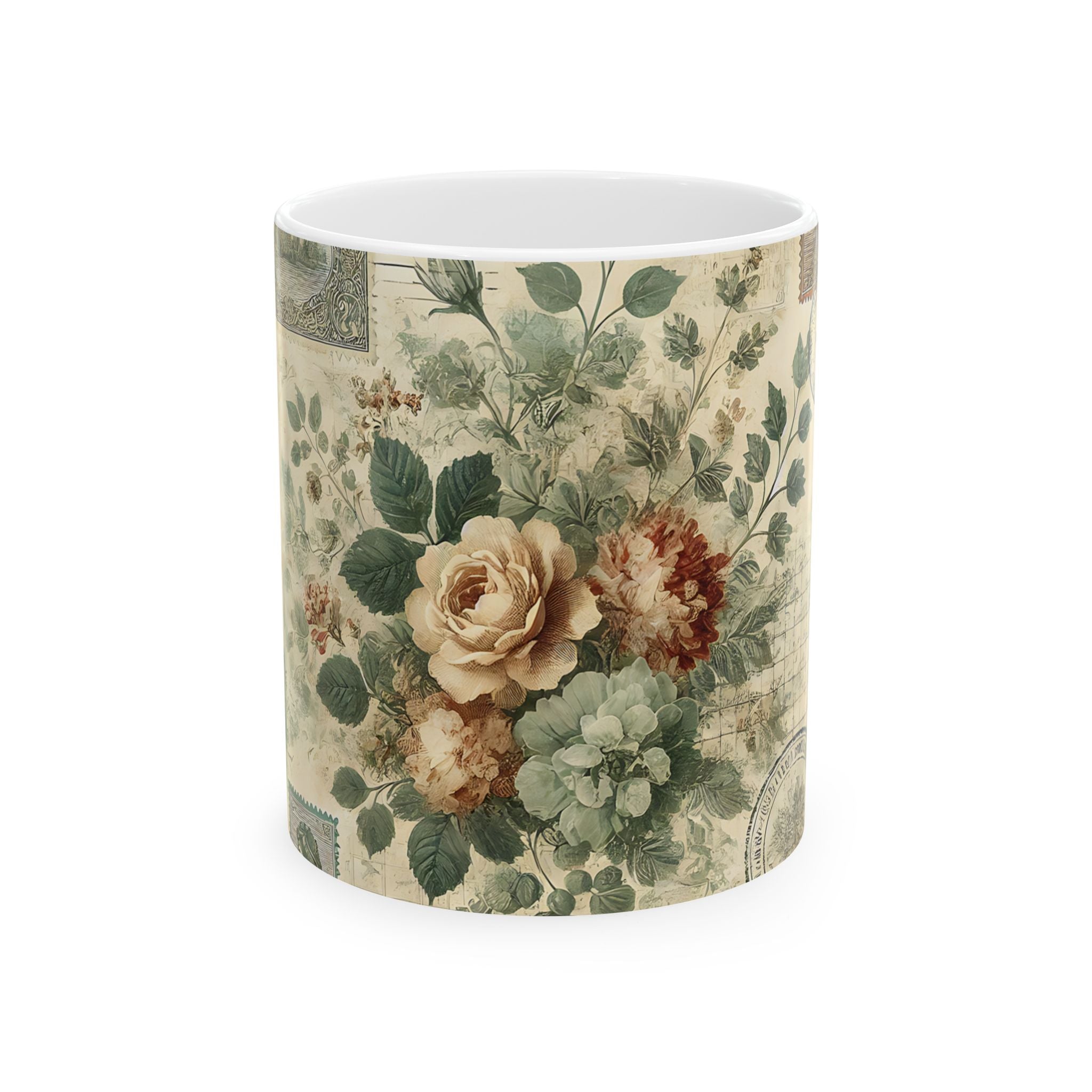 Vintage Floral Ceramic Mug — Antique Rose Tea Coffee Cup (11oz & 15oz)