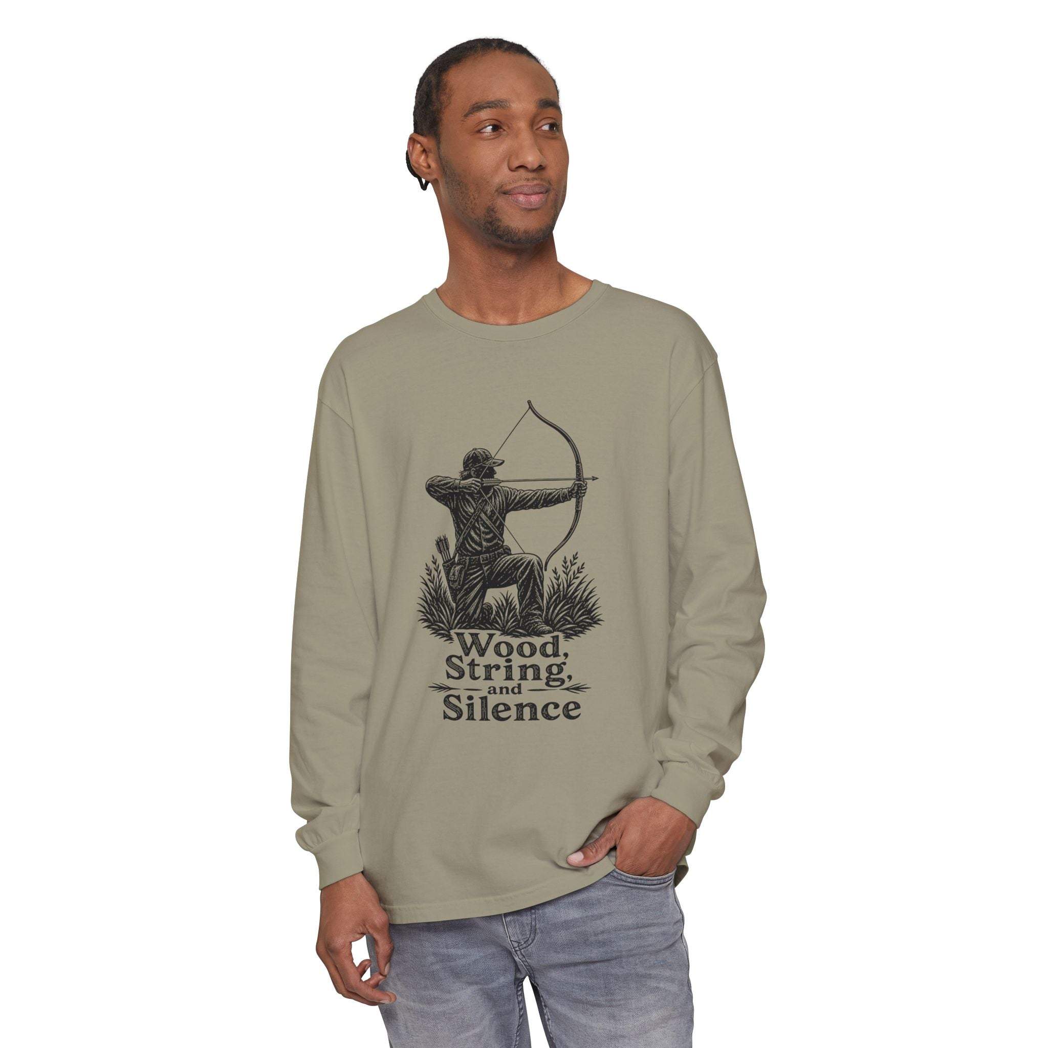 Comfort Colors Archery Long Sleeve Shirt — "Wood, String, and Silence" Vintage Archer Tee