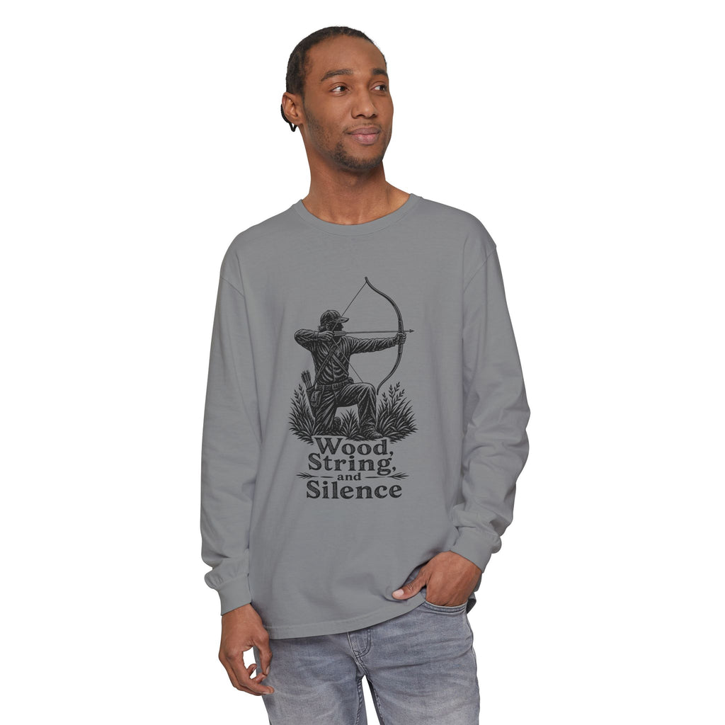 Comfort Colors Archery Long Sleeve Shirt — "Wood, String, and Silence" Vintage Archer Tee