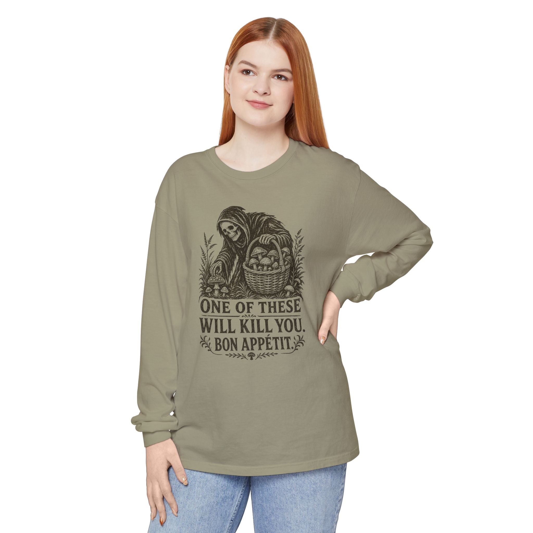 Comfort Colors Grim Reaper Harvest Long Sleeve Tee – "One of These Will Kill You. Bon Appétit."