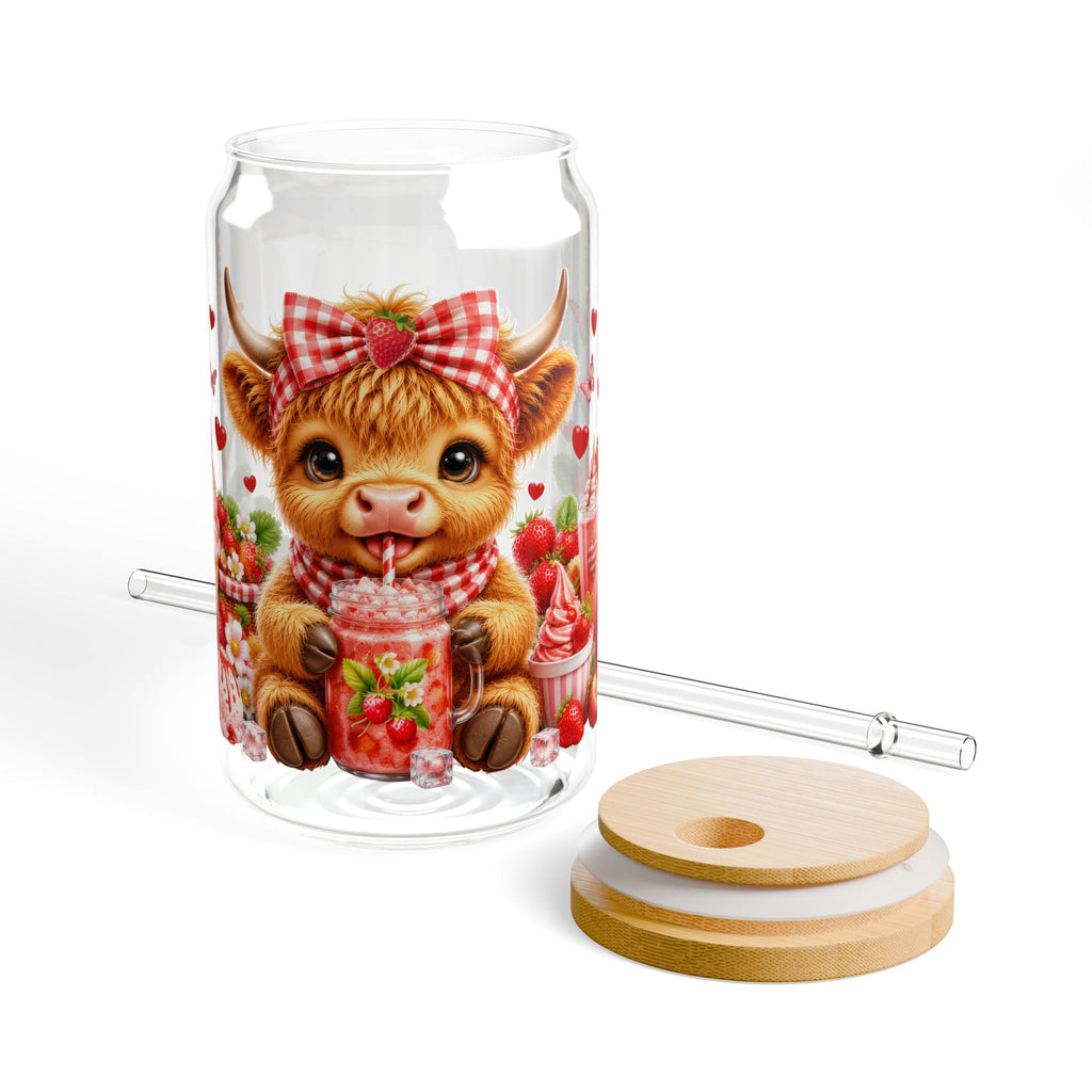 16oz Glass Can - Cute Highland Cow with Strawberries Design