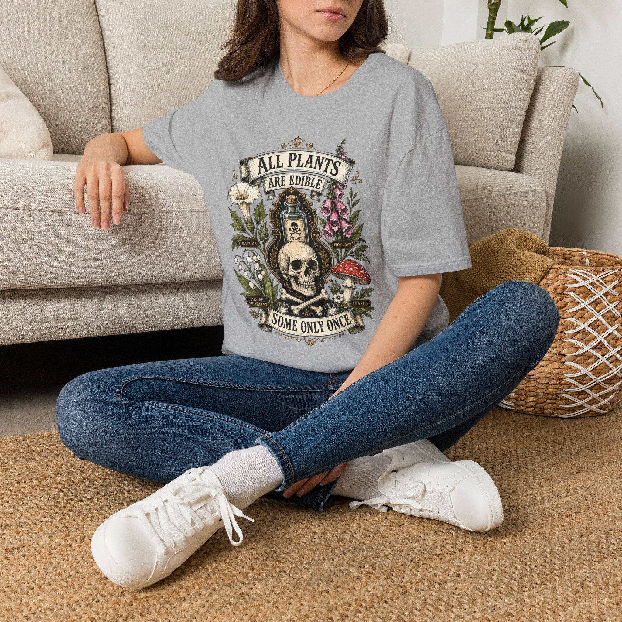 T-Shirt — "All Plants Are Edible (Some Only Once)" Botanical Skull Graphic Tee