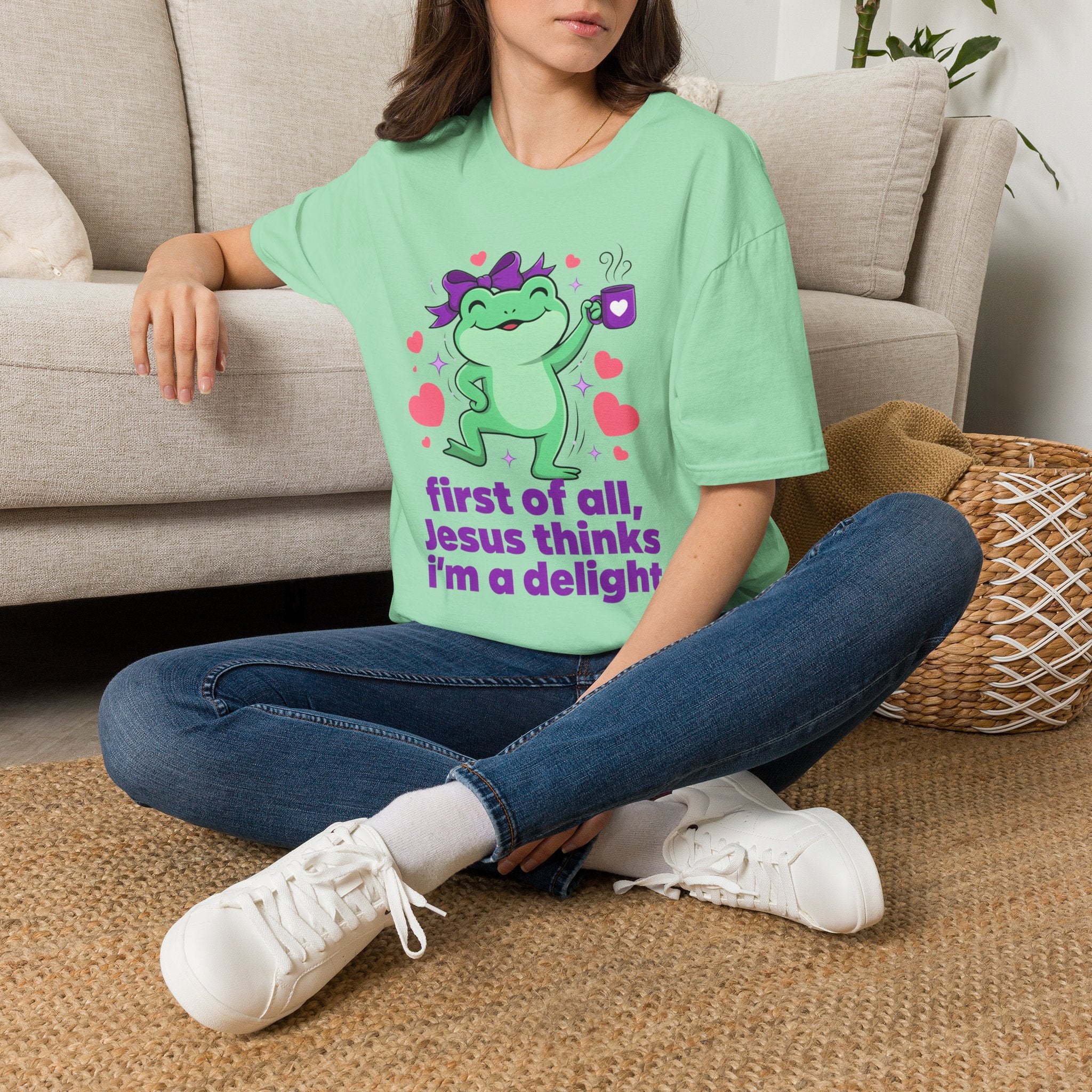 Delightful Dancing Frog Tee First of all Jesus thinks I'm a delight Christian Graphic T-Shirt