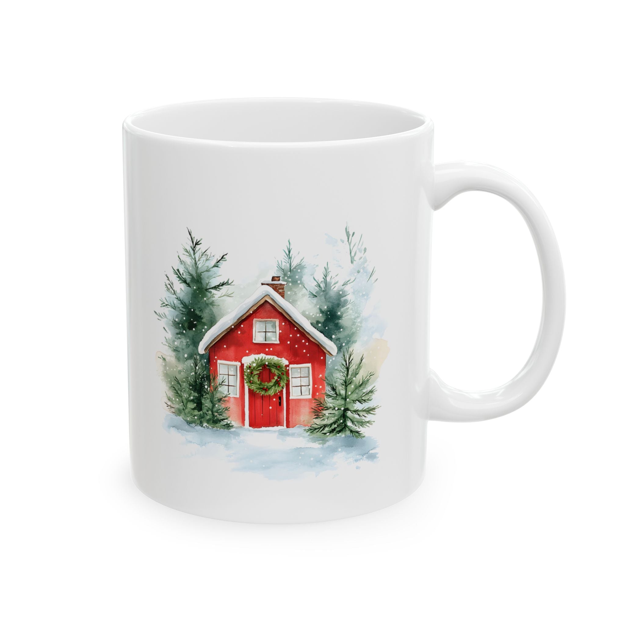 Ceramic Mug — Cozy Winter Barn Watercolor Coffee Mug (11oz, 15oz)