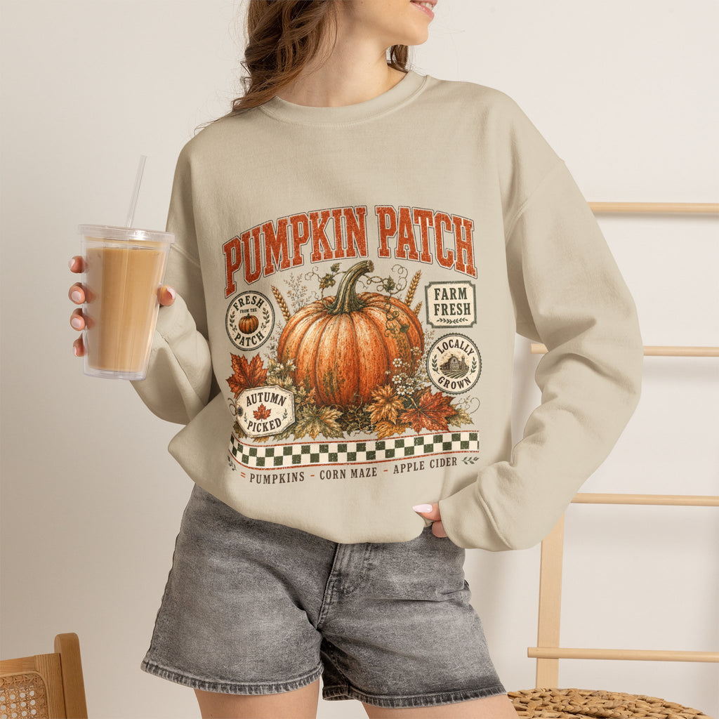 Pumpkin Patch Crewneck Sweatshirt — Vintage Autumn Farm Pumpkin Design