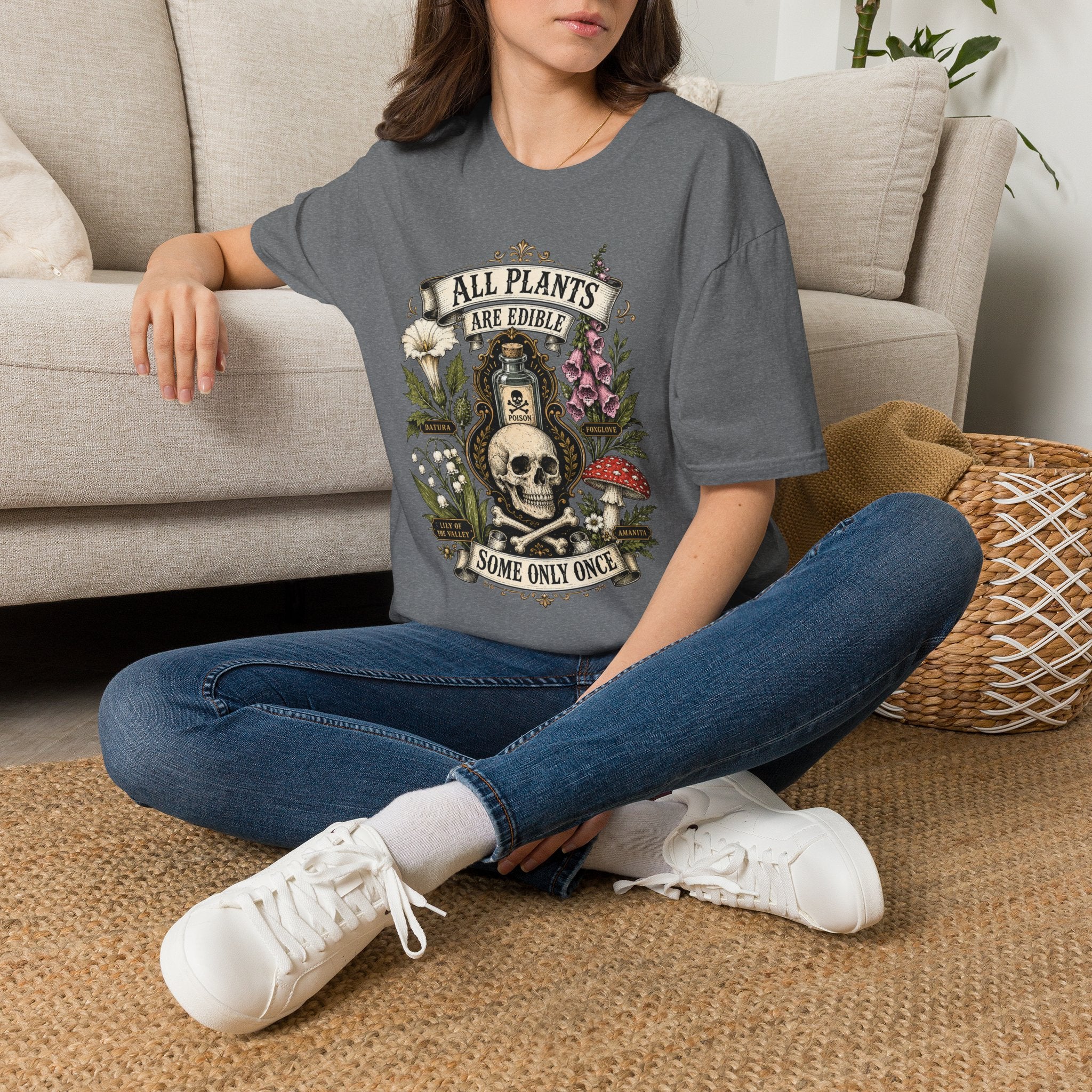 T-Shirt — "All Plants Are Edible (Some Only Once)" Botanical Skull Graphic Tee