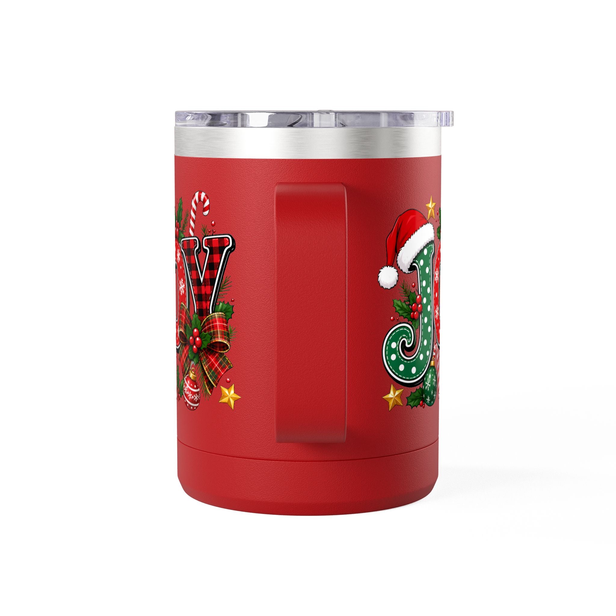 Joy Christmas Mug Tumbler — 15oz Holiday Coffee Cup with Candy Cane & Santa Hat Design