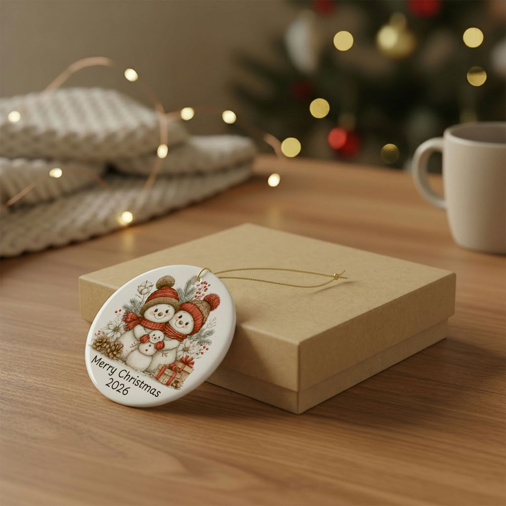 Ceramic Ornament — Merry Christmas 2026 Snowman Family Holiday Decoration