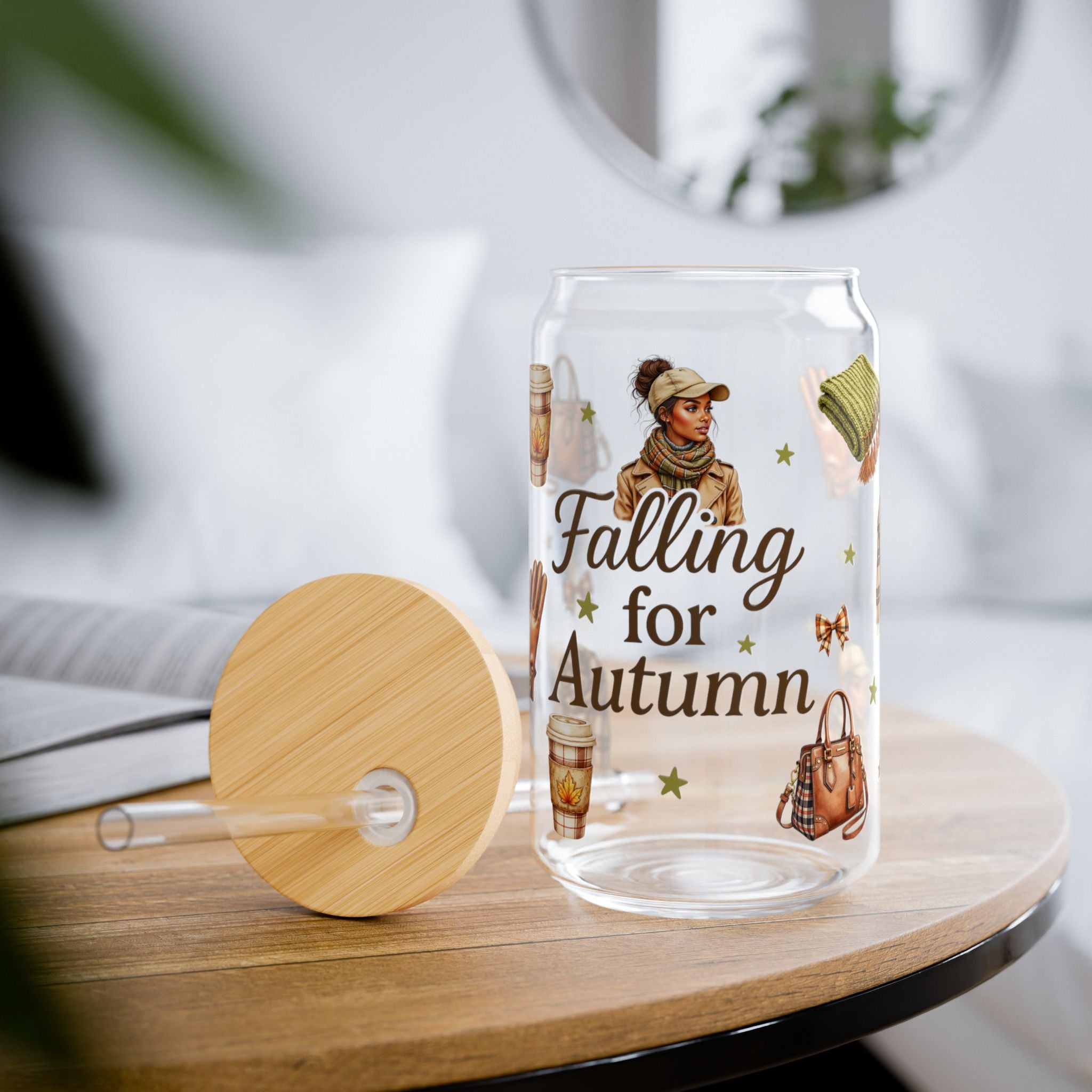 Falling for Autumn 16oz Sipper Glass – Fall Leaves, Cozy Coffee & Pumpkin Spice Travel Cup
