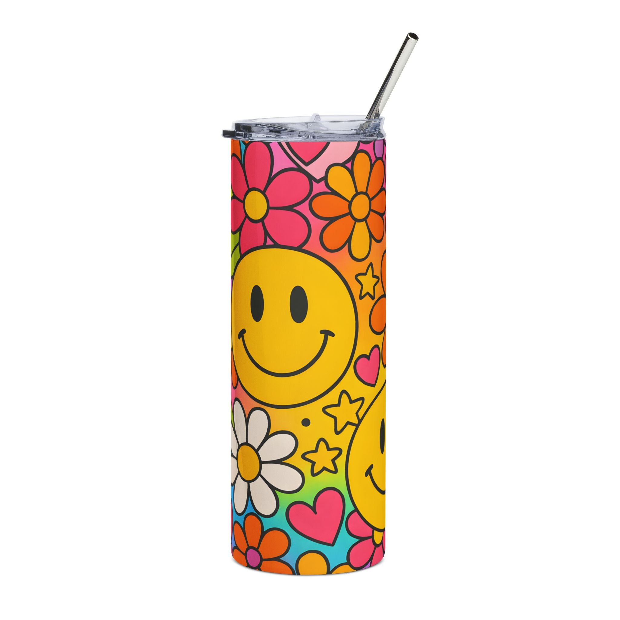 20oz Smiley Flower Stainless Steel Tumbler — Retro Floral Happy Face Travel Cup