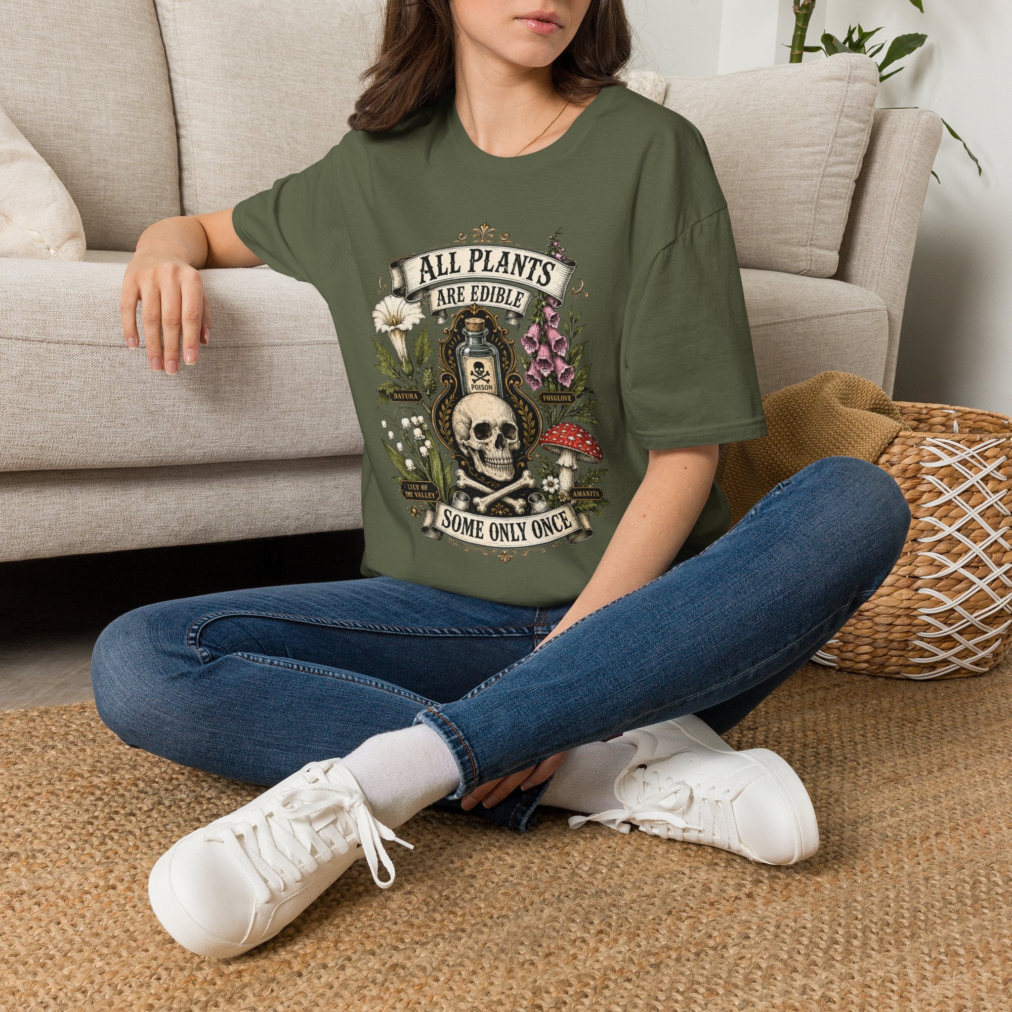 T-Shirt — "All Plants Are Edible (Some Only Once)" Botanical Skull Graphic Tee