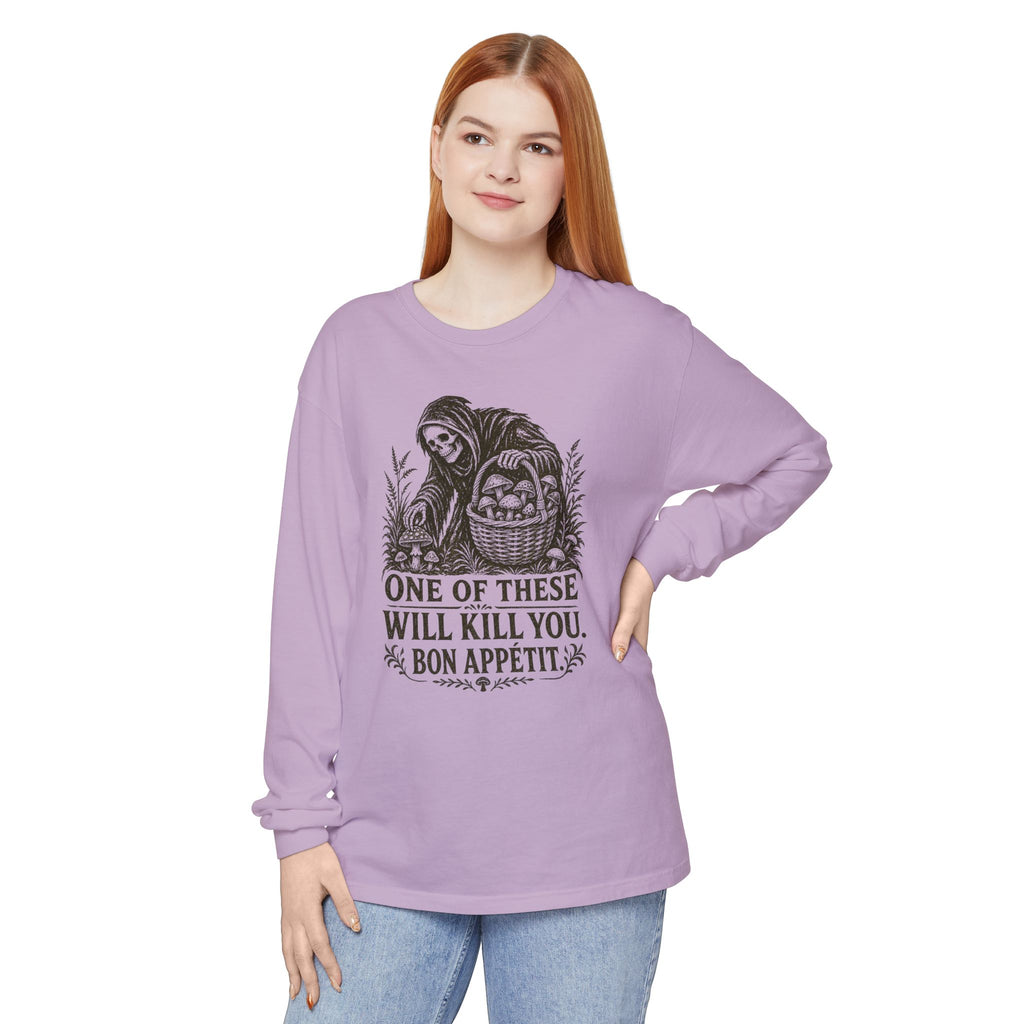 Comfort Colors Grim Reaper Harvest Long Sleeve Tee – "One of These Will Kill You. Bon Appétit."