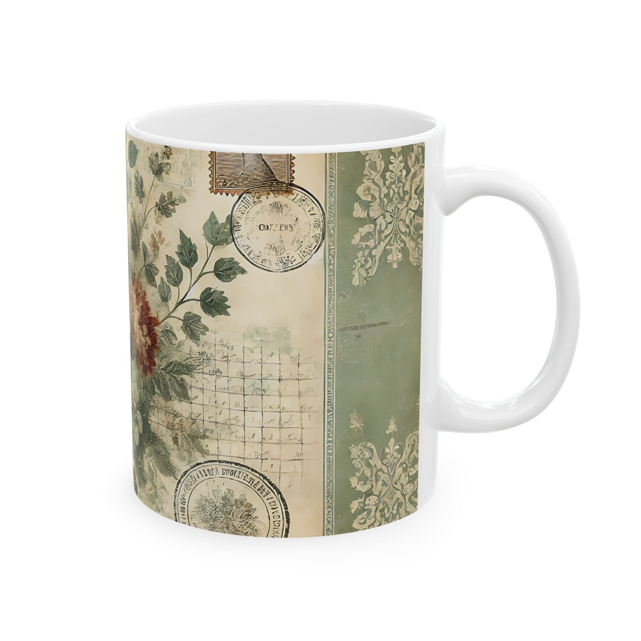 Vintage Floral Ceramic Mug — Antique Rose Tea Coffee Cup (11oz & 15oz)