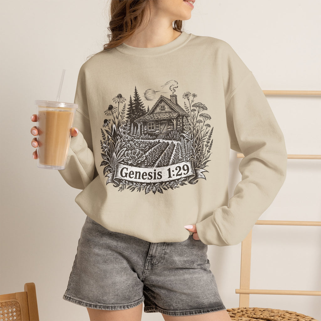 Genesis 1:29 Cottage Crewneck Sweatshirt — Vintage Bible Verse Nature Design