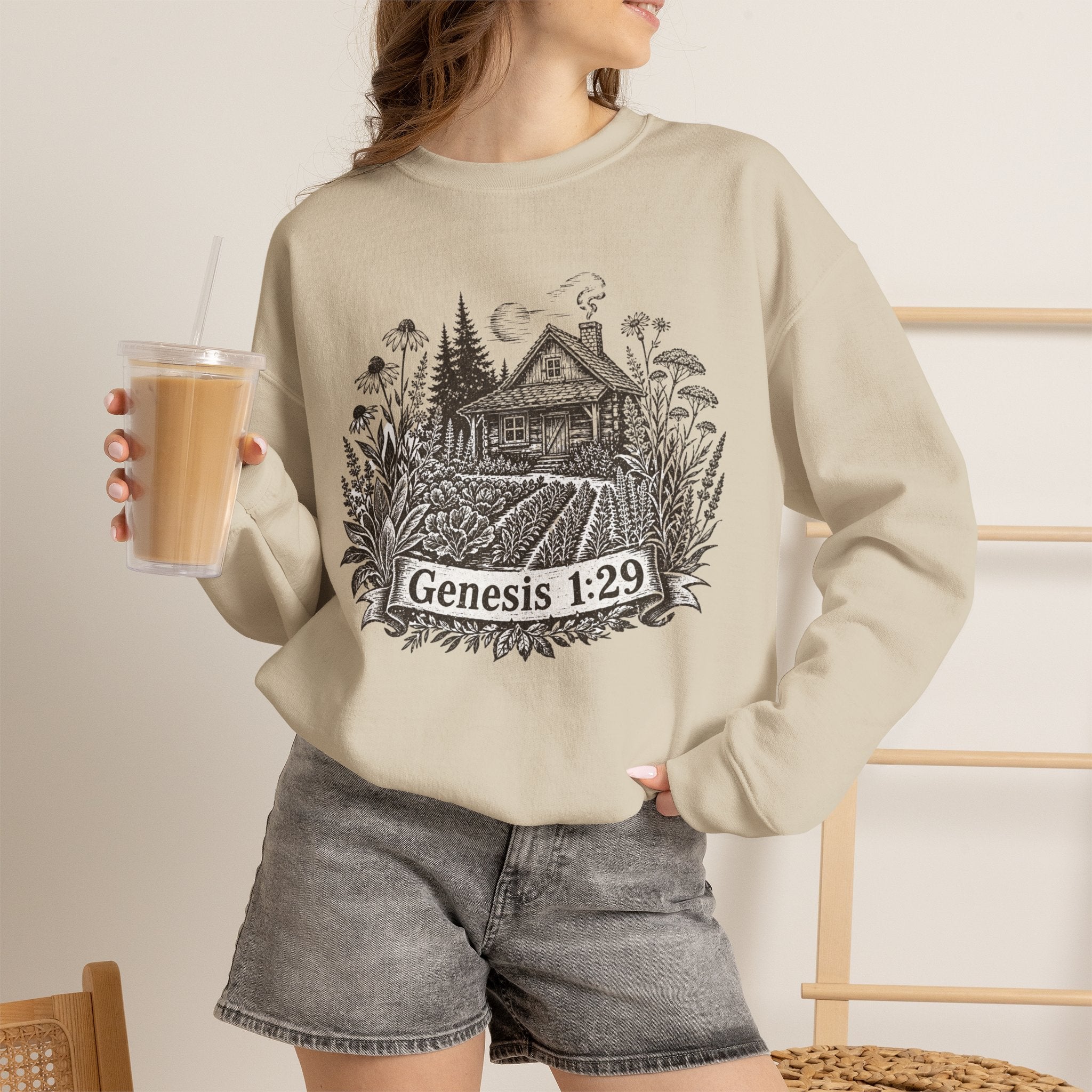 Genesis 1:29 Cottage Crewneck Sweatshirt — Vintage Bible Verse Nature Design
