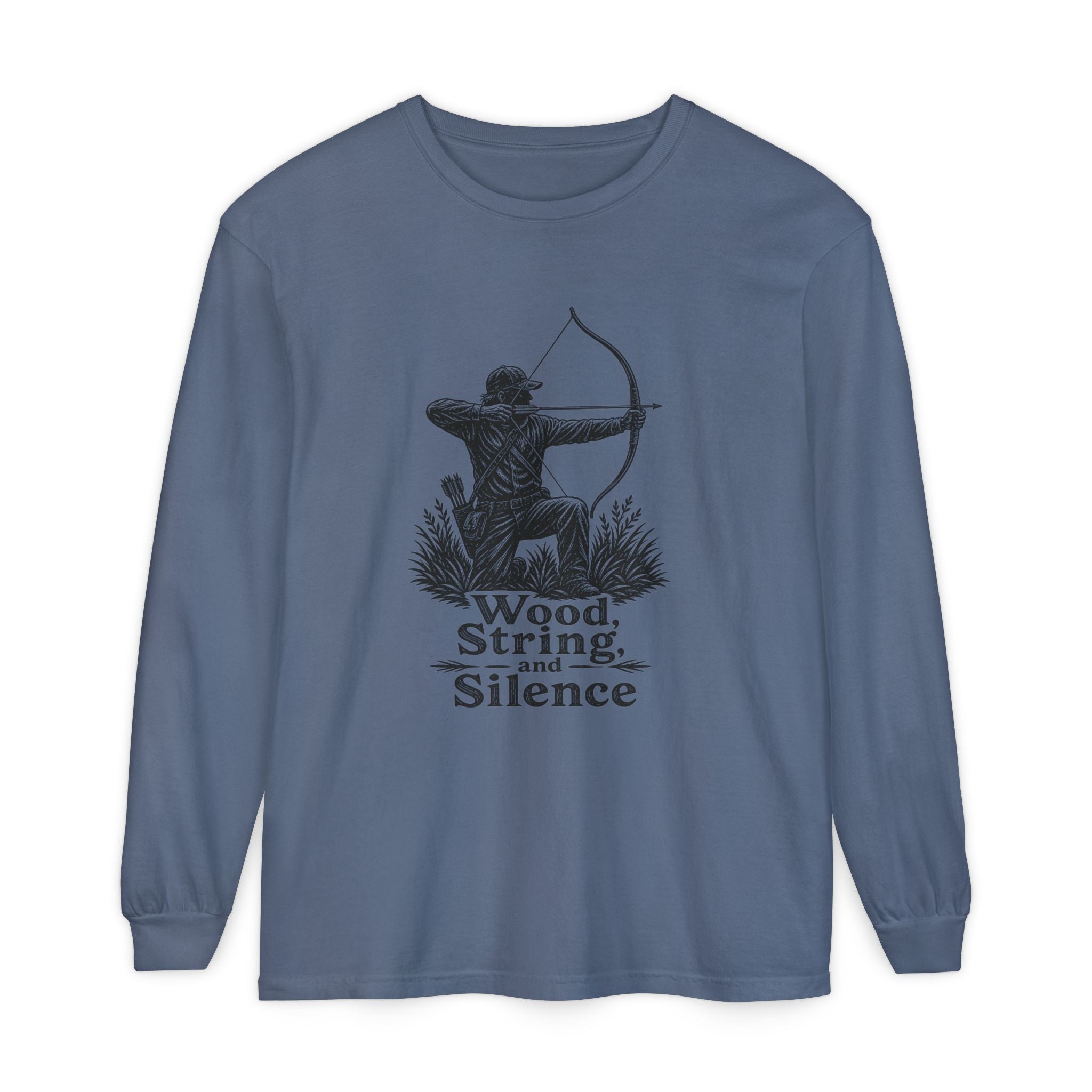 Comfort Colors Archery Long Sleeve Shirt — "Wood, String, and Silence" Vintage Archer Tee