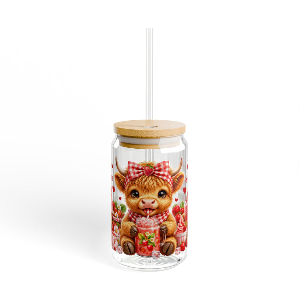 16oz Glass Can - Cute Highland Cow with Strawberries Design