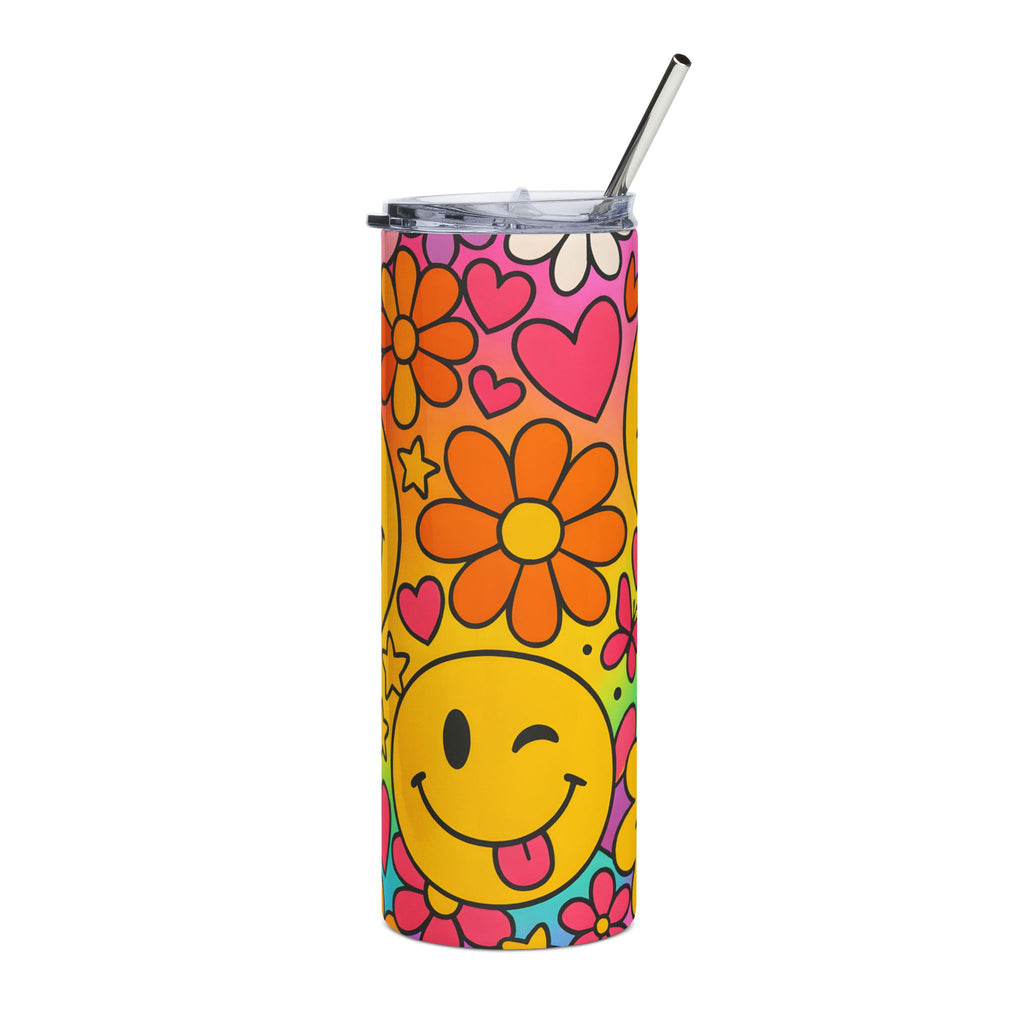 20oz Smiley Flower Stainless Steel Tumbler — Retro Floral Happy Face Travel Cup