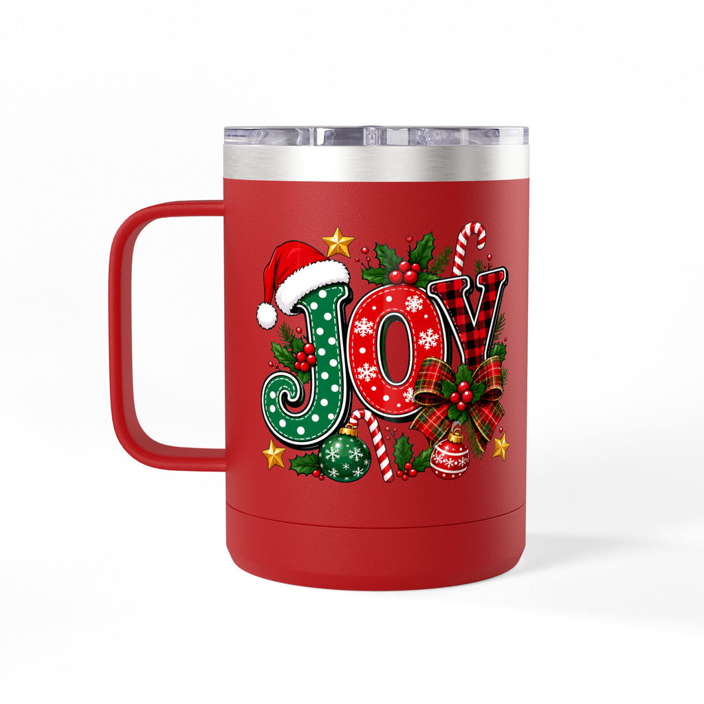 Joy Christmas Mug Tumbler — 15oz Holiday Coffee Cup with Candy Cane & Santa Hat Design