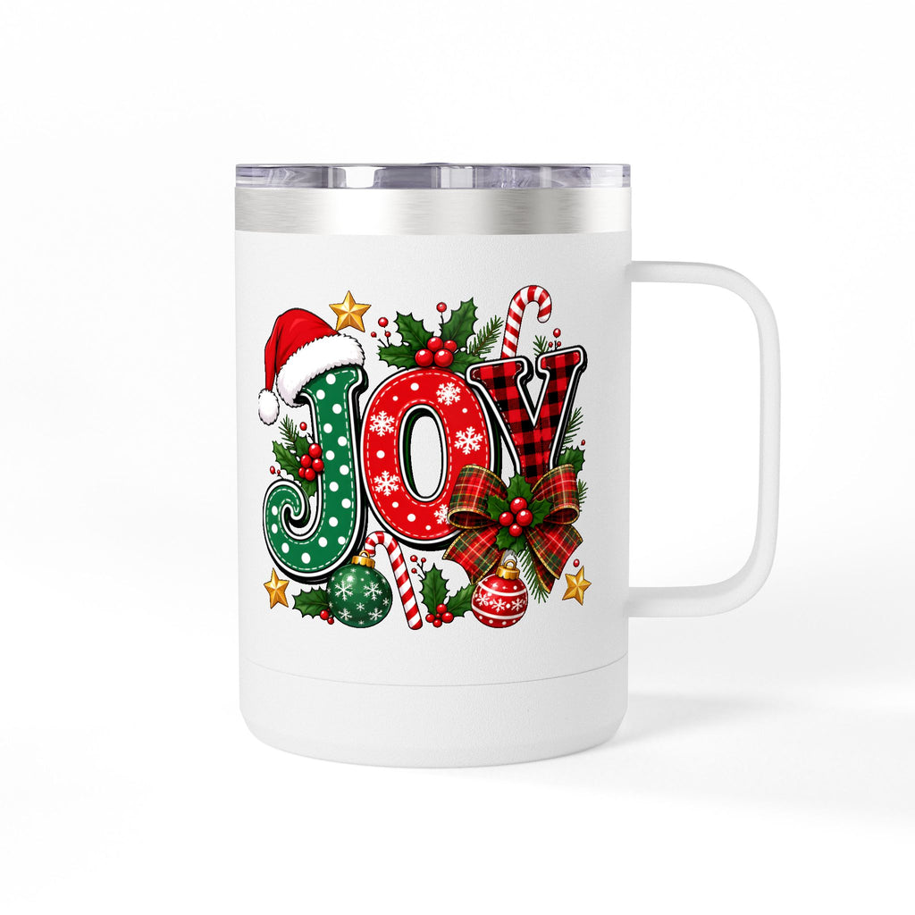 Joy Christmas Mug Tumbler — 15oz Holiday Coffee Cup with Candy Cane & Santa Hat Design