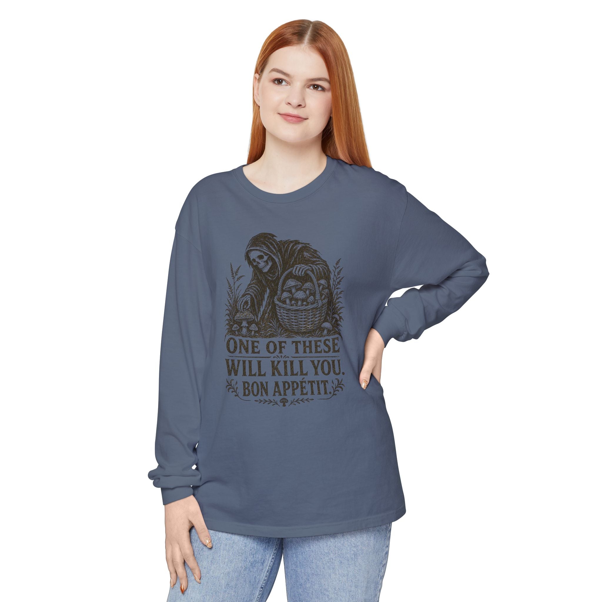Comfort Colors Grim Reaper Harvest Long Sleeve Tee – "One of These Will Kill You. Bon Appétit."