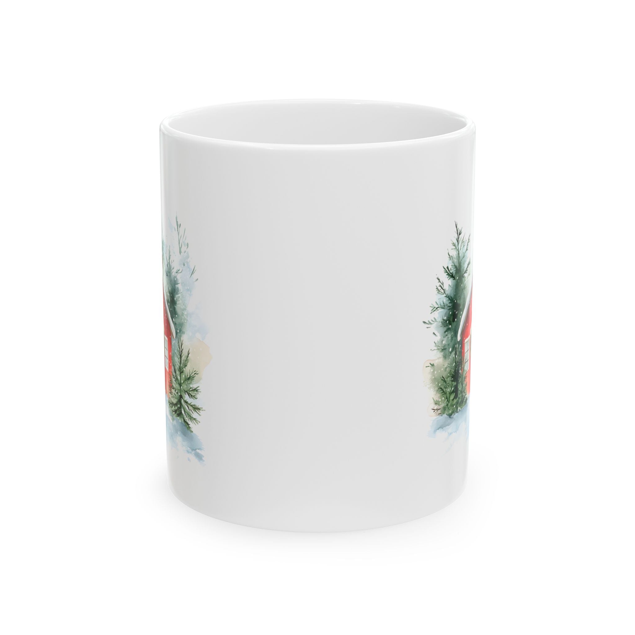 Ceramic Mug — Cozy Winter Barn Watercolor Coffee Mug (11oz, 15oz)