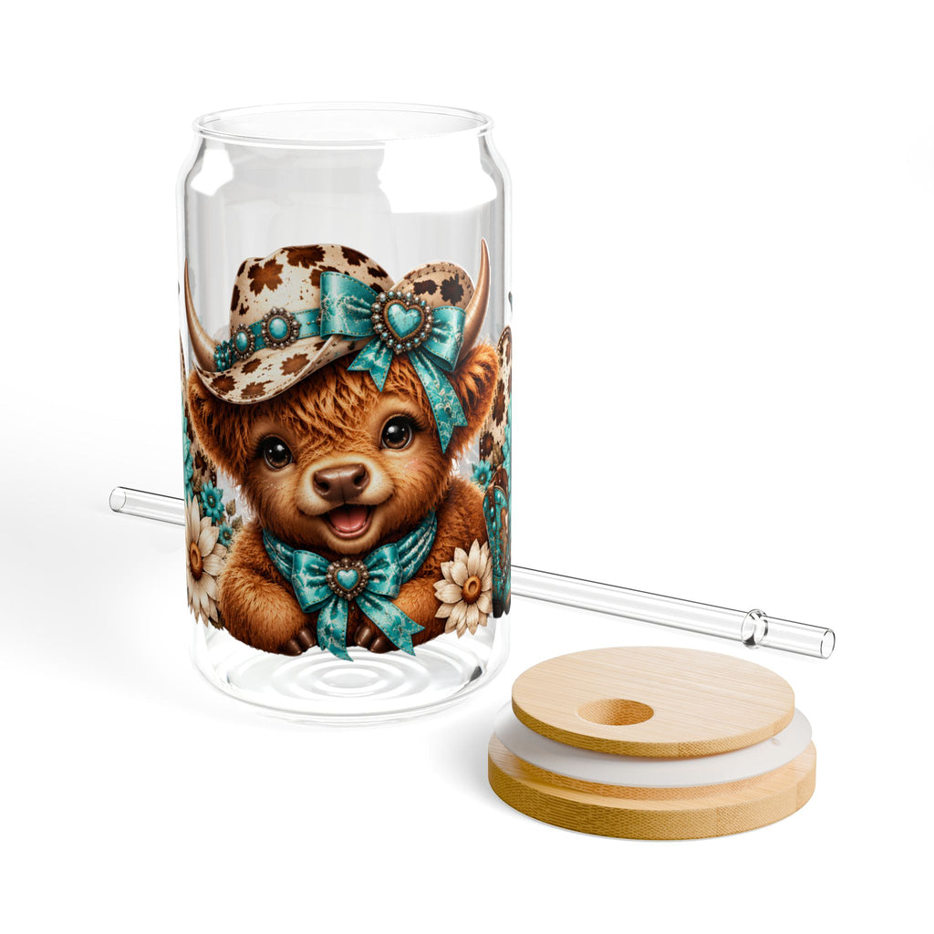 16oz Sipper Glass – Cute Highland Cow with Turquoise Sunflowers Straw Tumbler