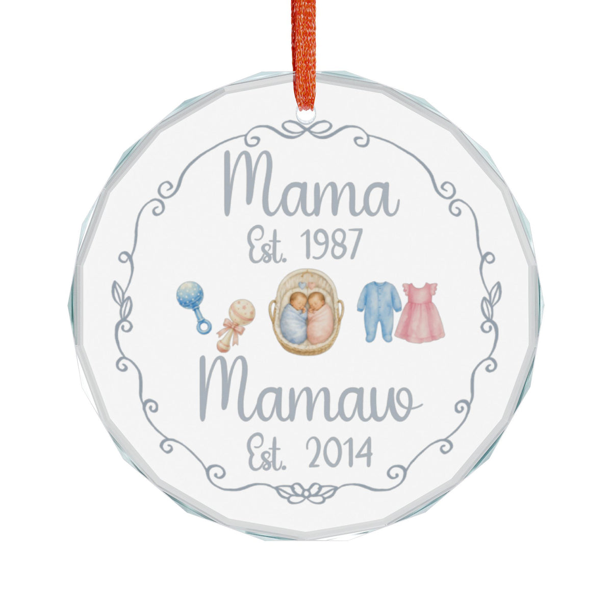Mamaw of Boy Girl Twins Ornament, Personalized Glass Ornament, Twin Grandchildren Announcement, Mama Mamaw Est. Year