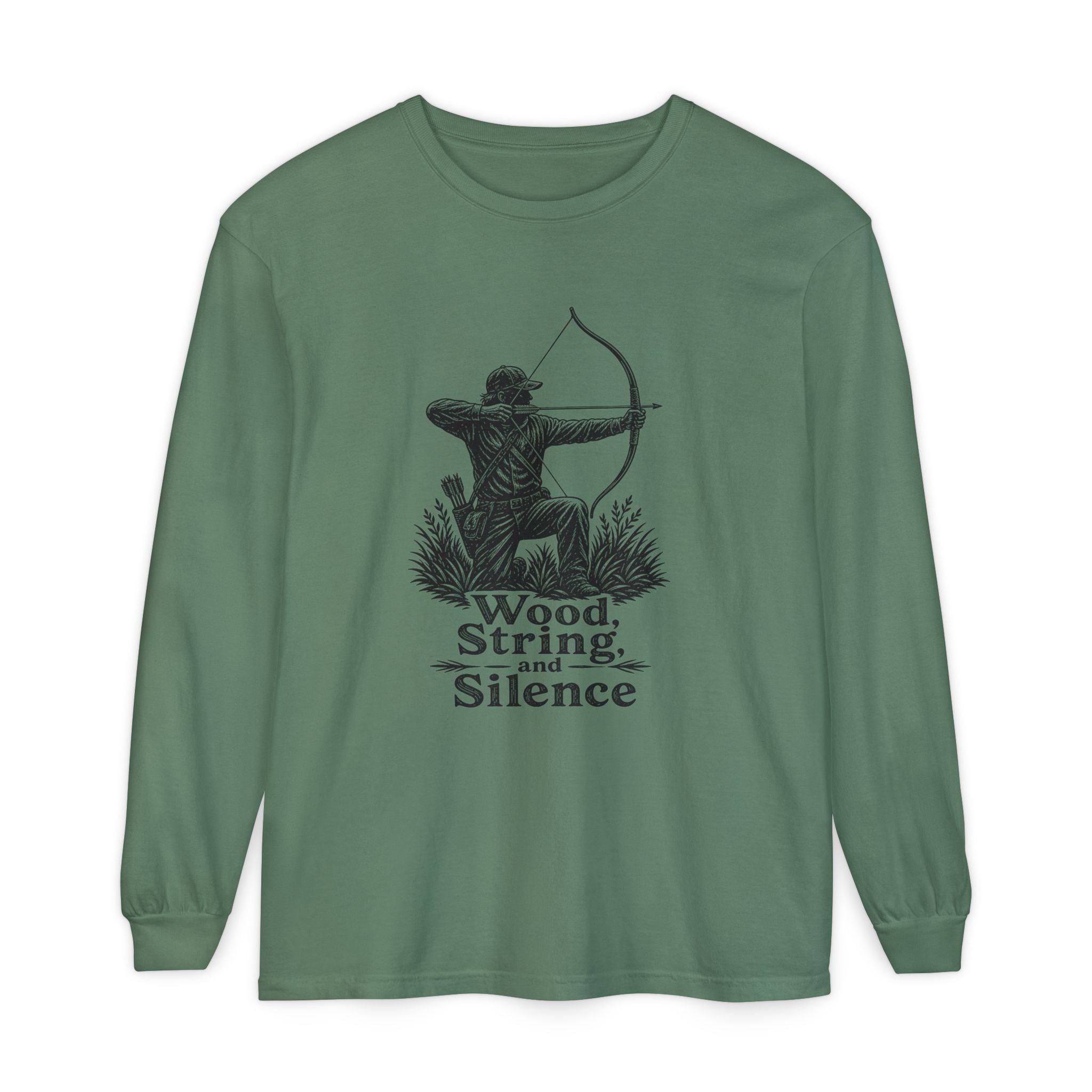 Comfort Colors Archery Long Sleeve Shirt — "Wood, String, and Silence" Vintage Archer Tee