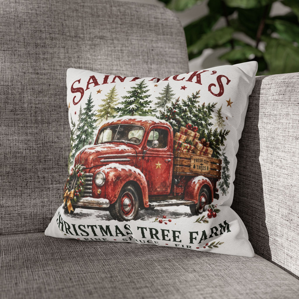 Christmas Pillowcase | Saint Nick's Christmas Tree Farm | Red Truck Holiday Decor