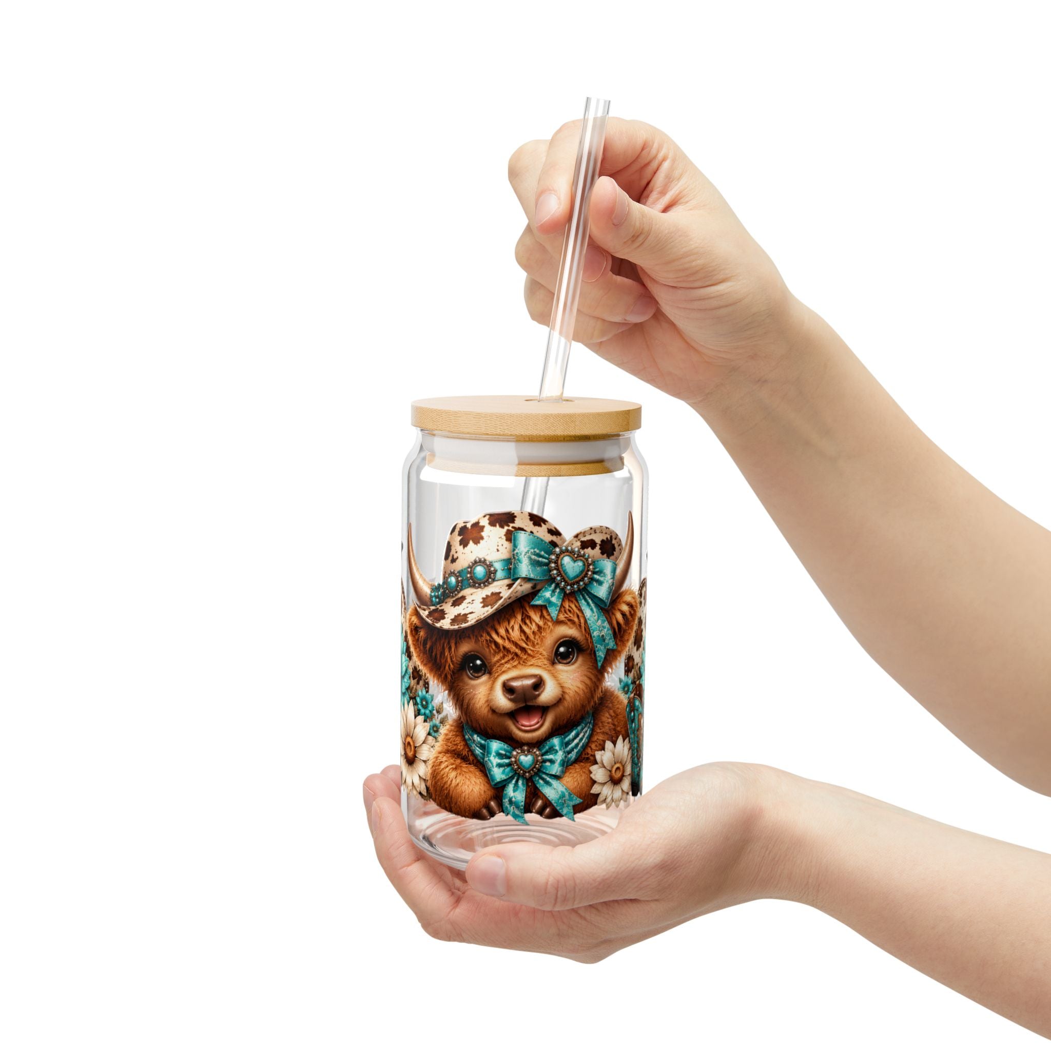 16oz Sipper Glass – Cute Highland Cow with Turquoise Sunflowers Straw Tumbler