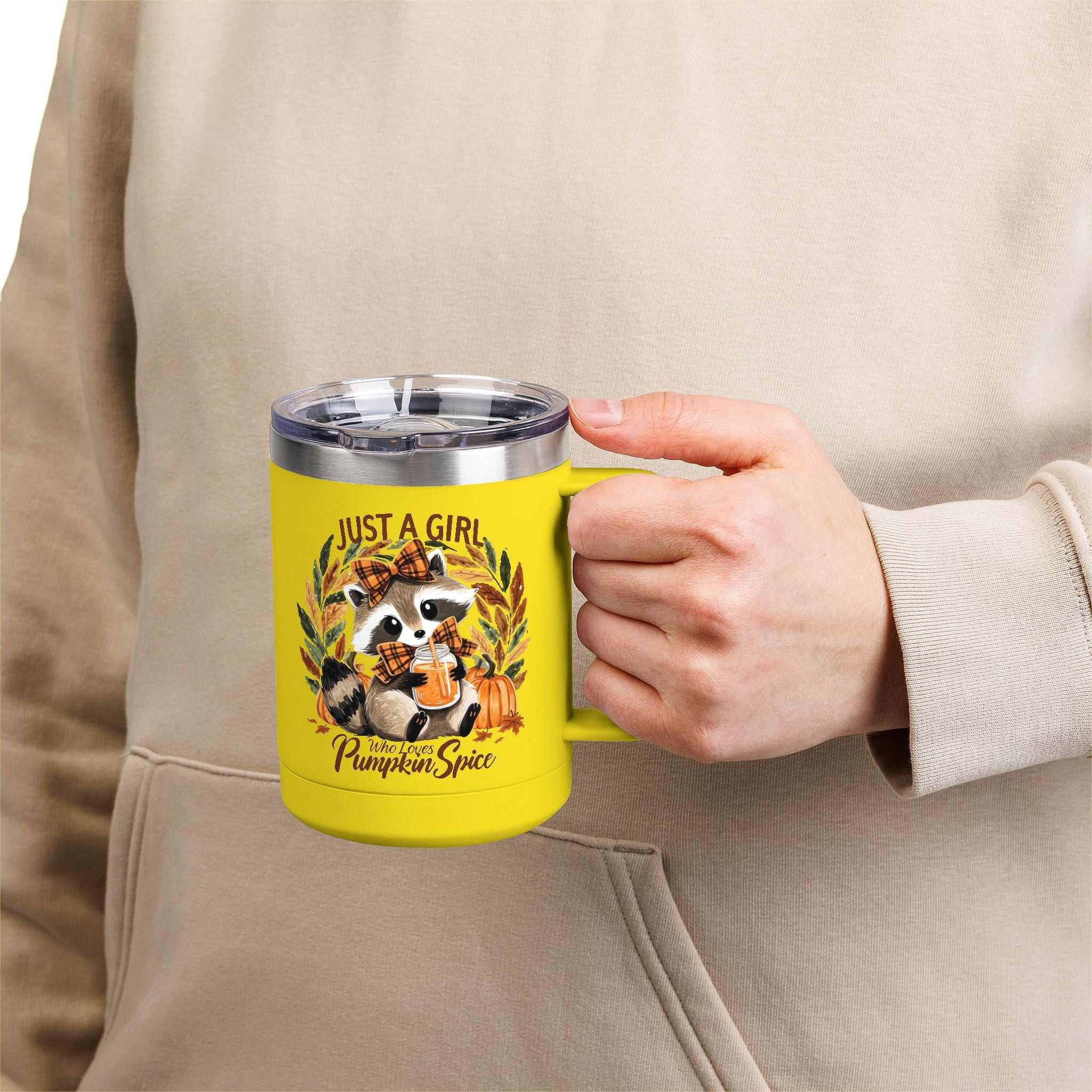15oz Tumbler Mug — "Just a Girl Who Loves Pumpkin Spice" Autumn Raccoon Travel Cup
