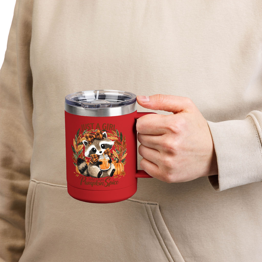 15oz Tumbler Mug — "Just a Girl Who Loves Pumpkin Spice" Autumn Raccoon Travel Cup