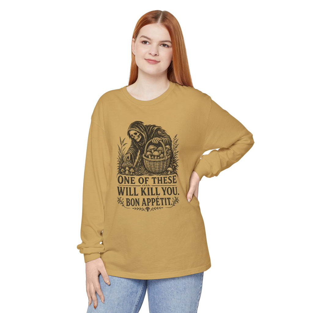 Comfort Colors Grim Reaper Harvest Long Sleeve Tee – "One of These Will Kill You. Bon Appétit."