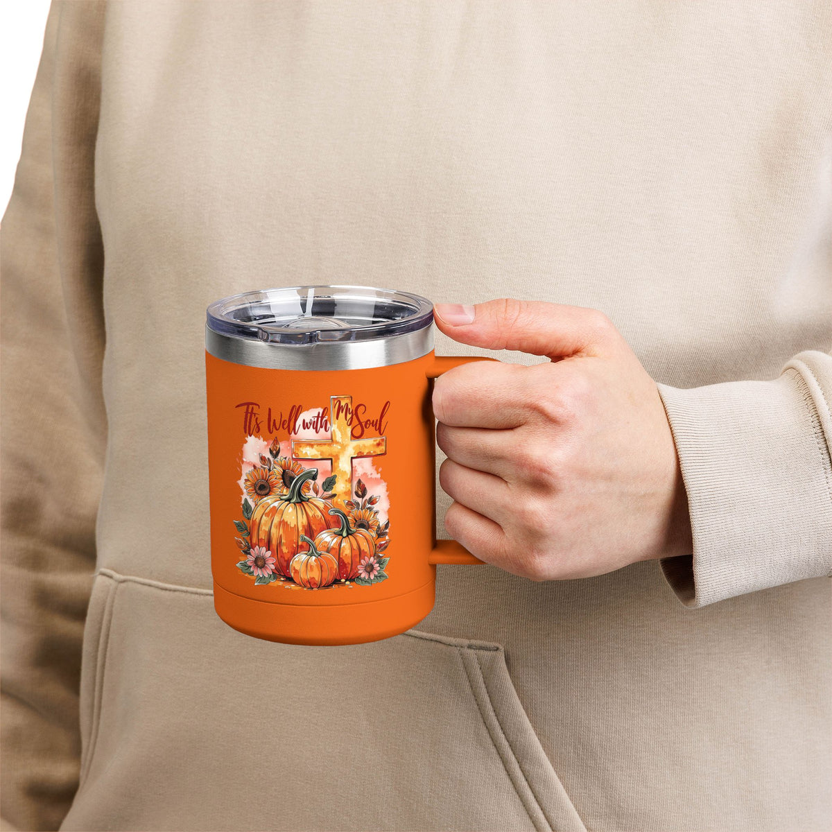 15oz Fall Pumpkin Tumbler — "It's Well With My Soul" Christian Coffee Mug