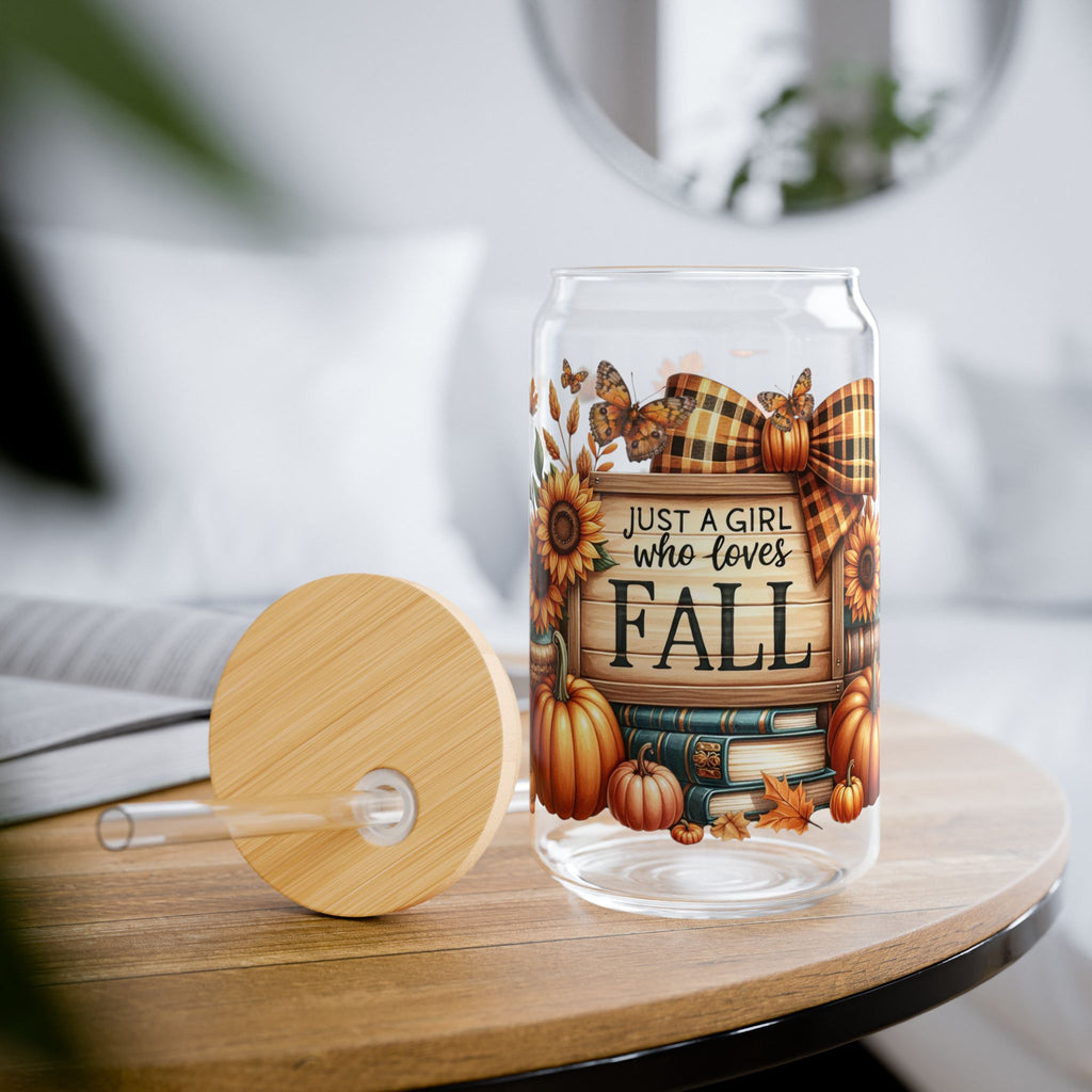 16oz Fall Sipper Glass - "Just a Girl Who Loves Fall" Sunflower & Pumpkin Tumbler