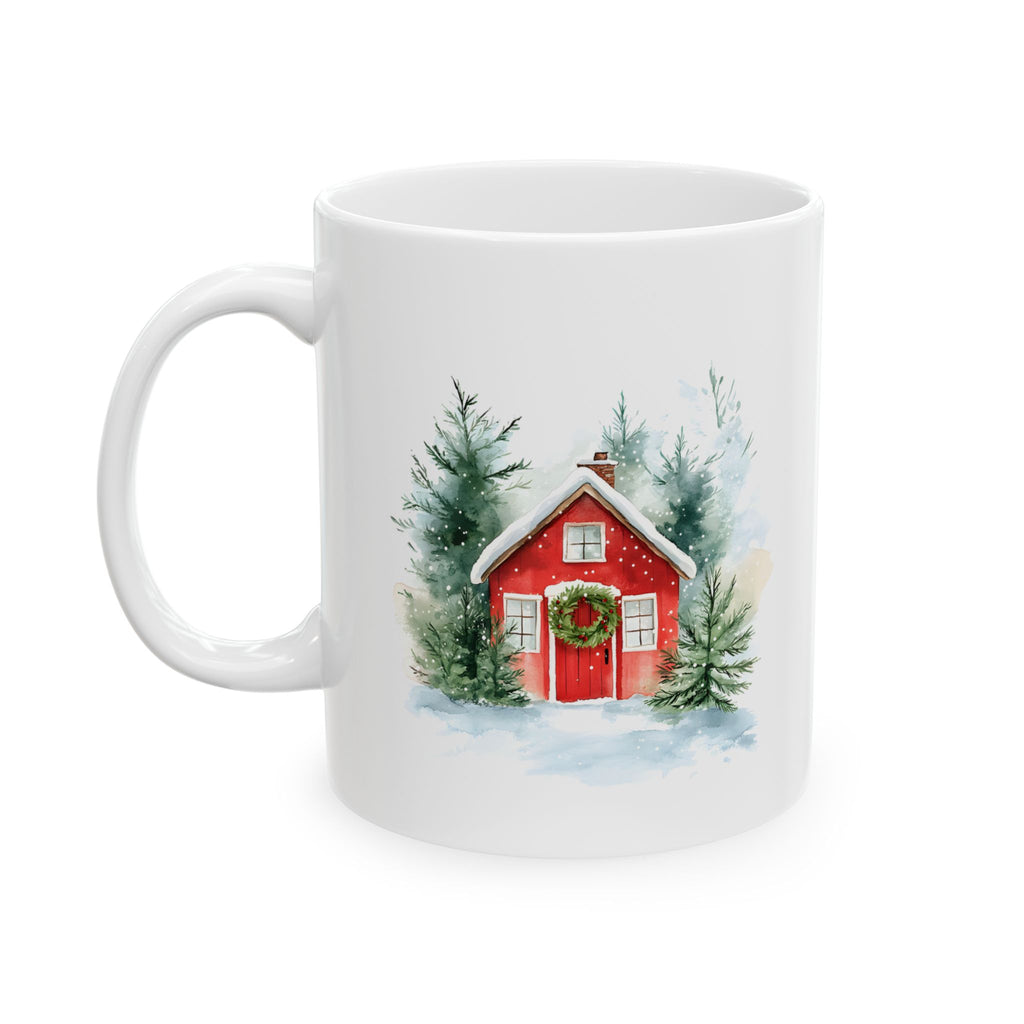 Ceramic Mug — Cozy Winter Barn Watercolor Coffee Mug (11oz, 15oz)