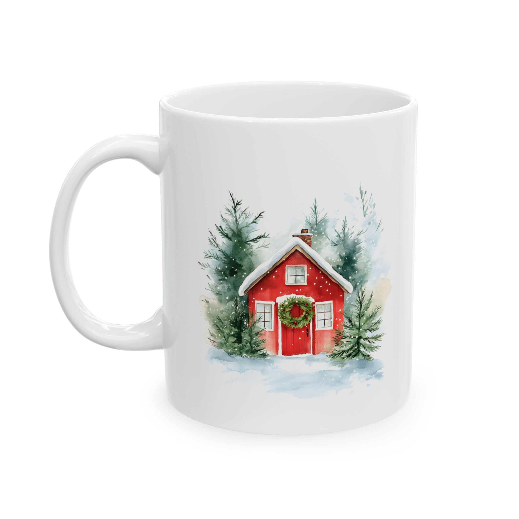 Ceramic Mug — Cozy Winter Barn Watercolor Coffee Mug (11oz, 15oz)