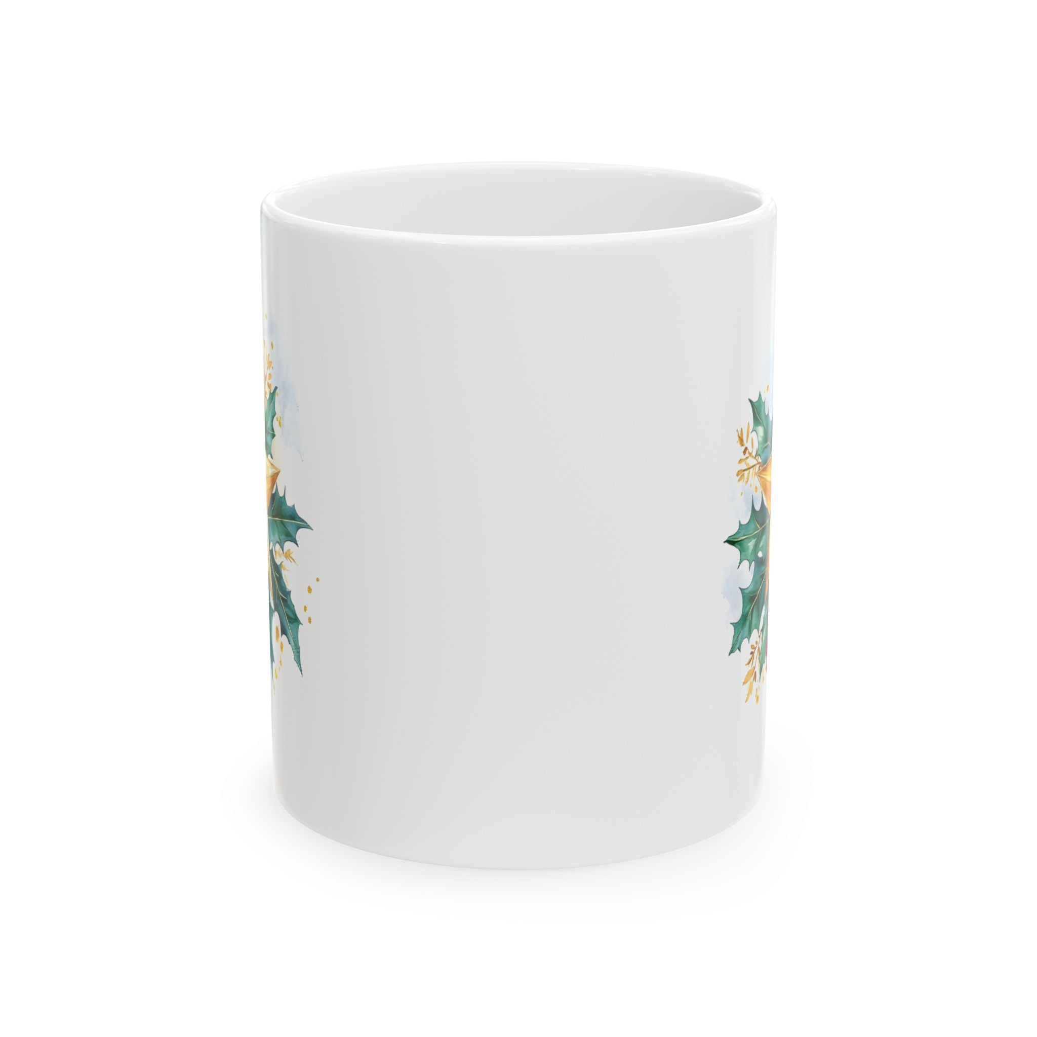 Holly & Gold Floral Ceramic Mug — Festive Christmas Coffee Cup (11oz/15oz)