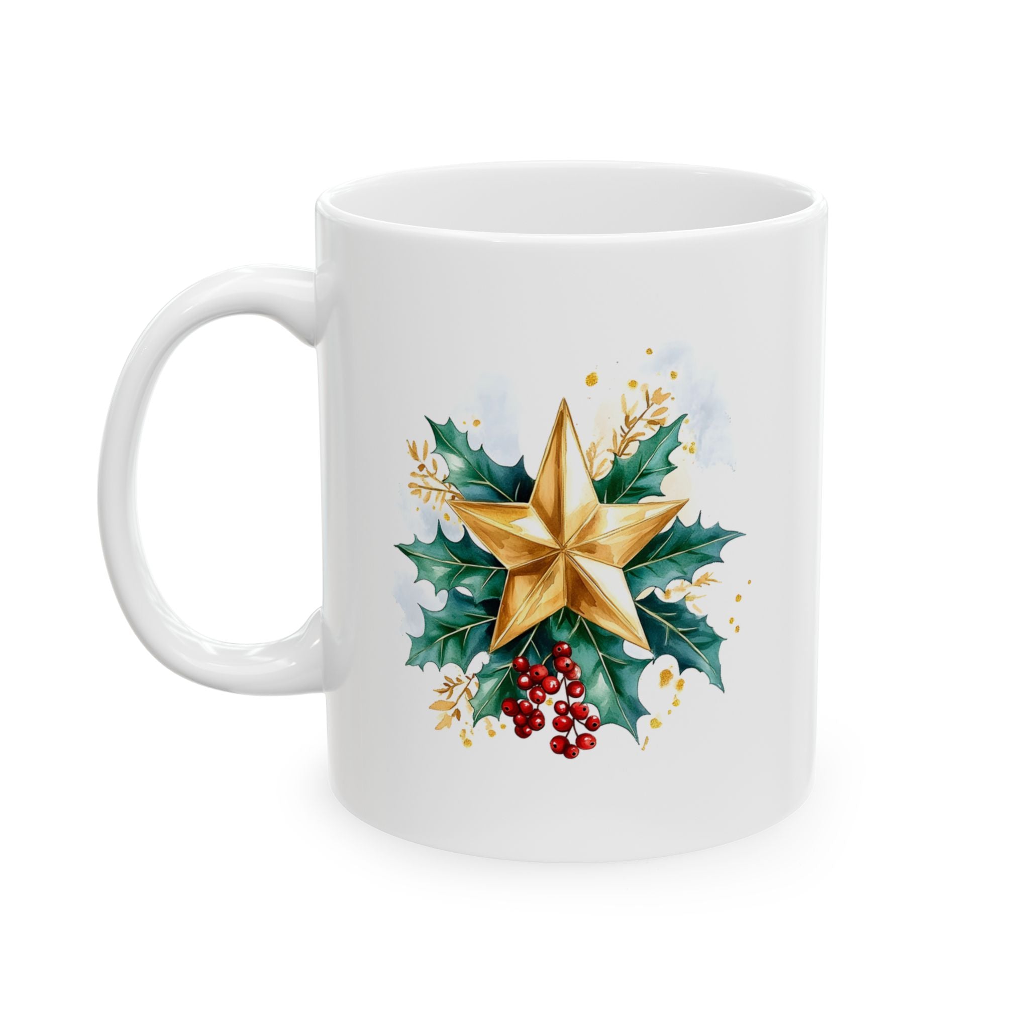 Holly & Gold Floral Ceramic Mug — Festive Christmas Coffee Cup (11oz/15oz)